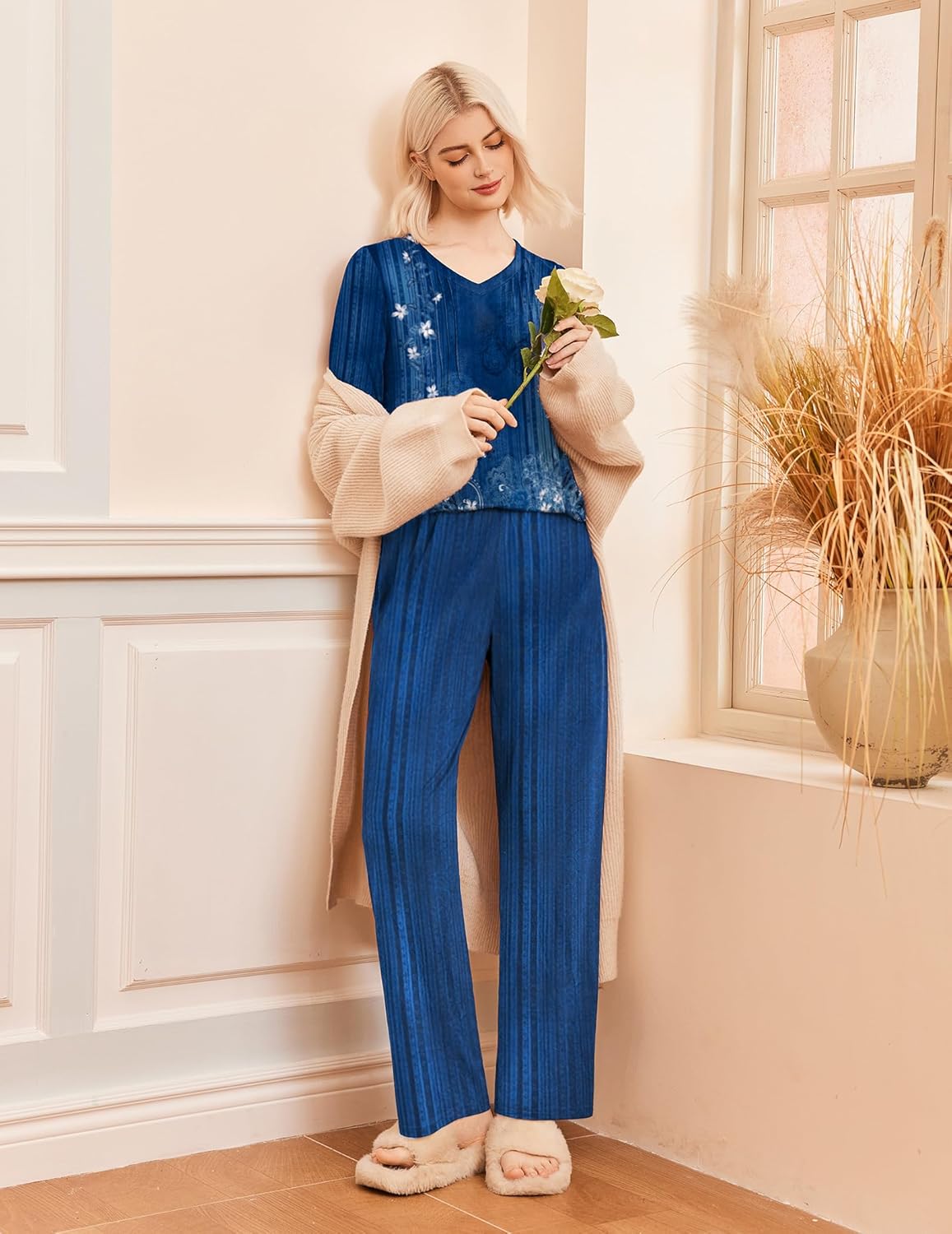 Deep blue long-sleeve V-neck pajama set, front view