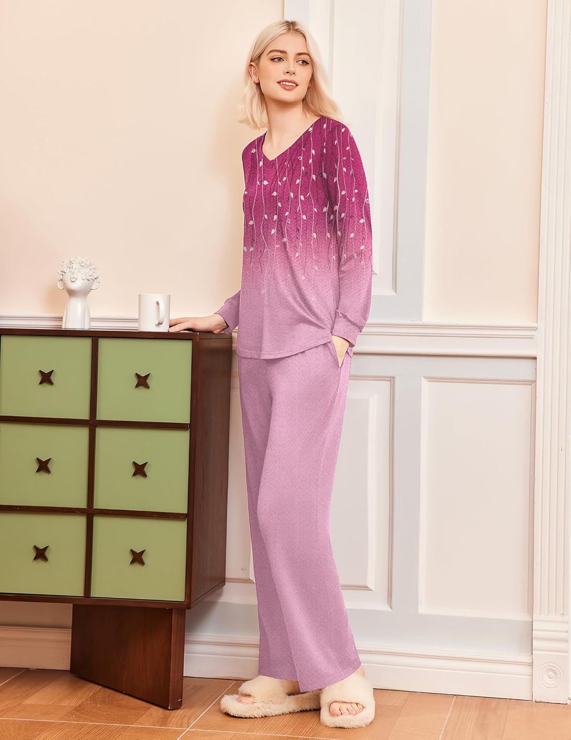 Purple long-sleeve V-neck pleated sleep set with pants and comfy fit