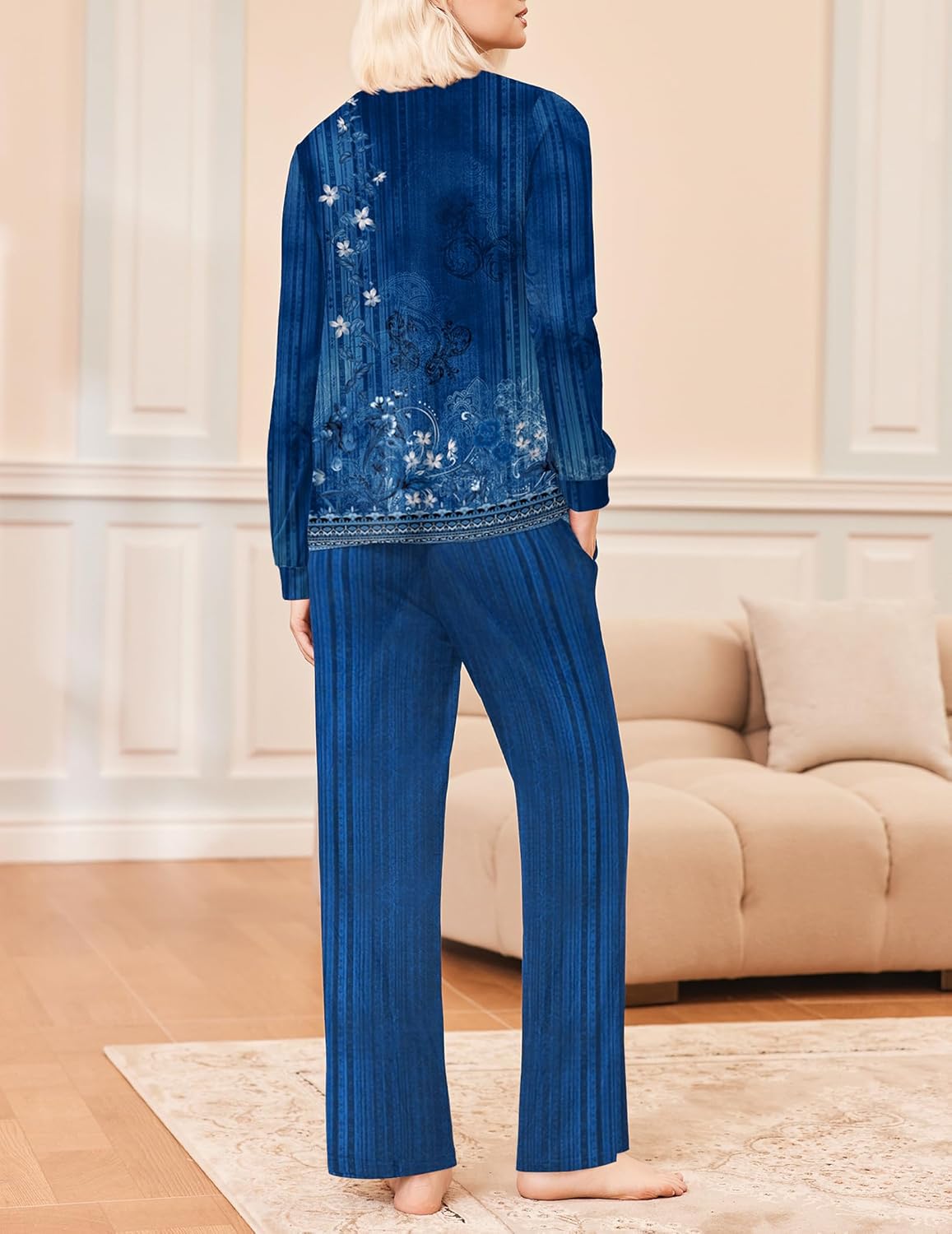 Blue long-sleeve V-neck pajama set, back view with vertical pattern