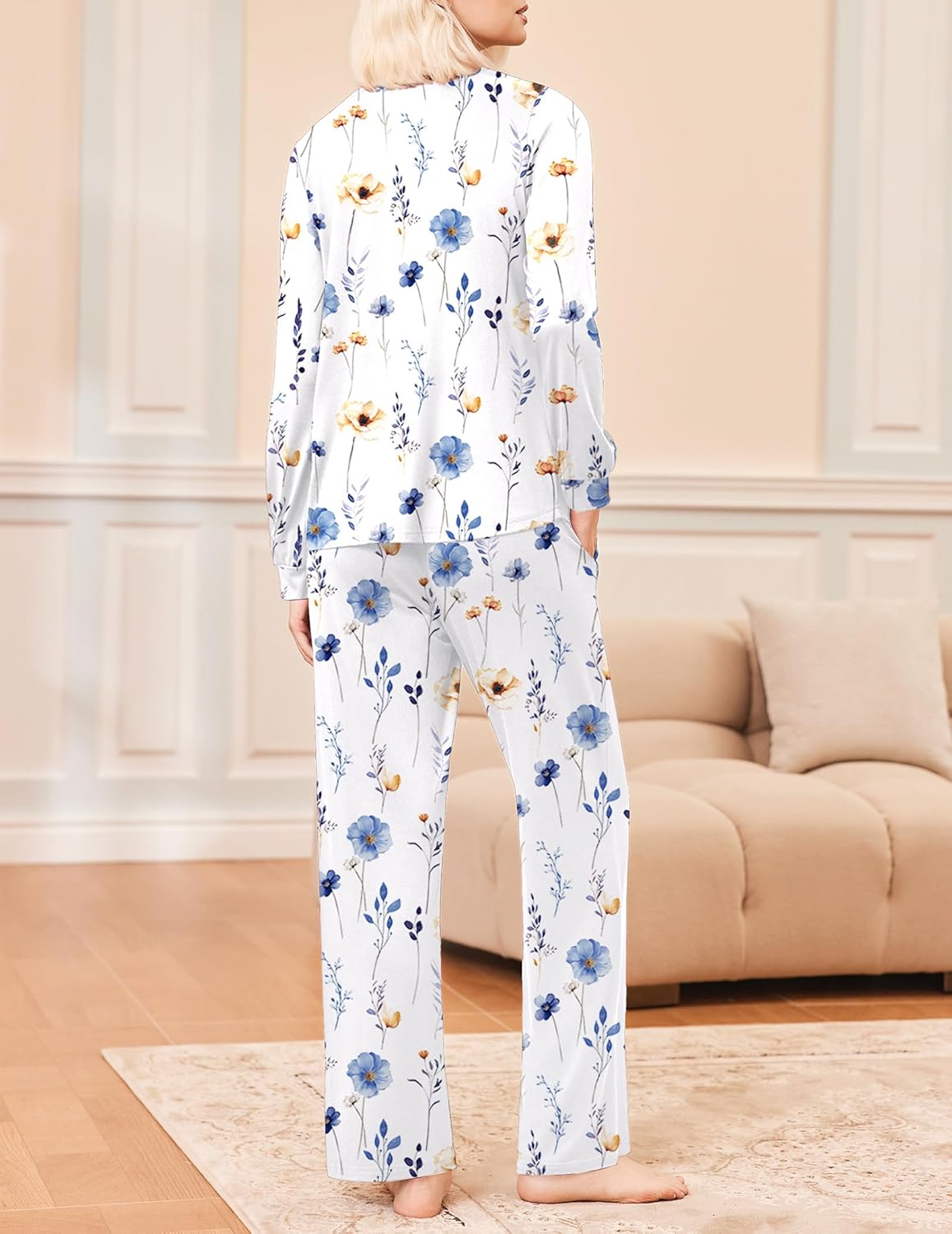 White floral long-sleeve V-neck pajama set, back view