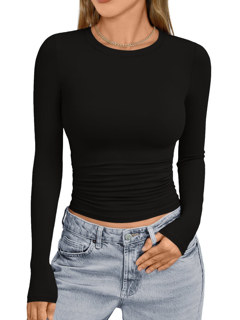 Black long-sleeve thermal underwear top with crew neck and fitted shape