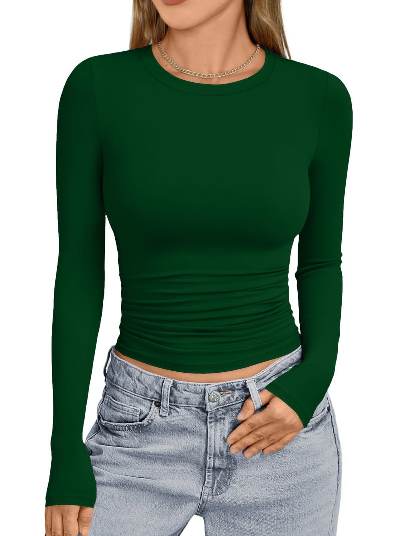 Green long-sleeve thermal underwear top with crew neck and fitted silhouette