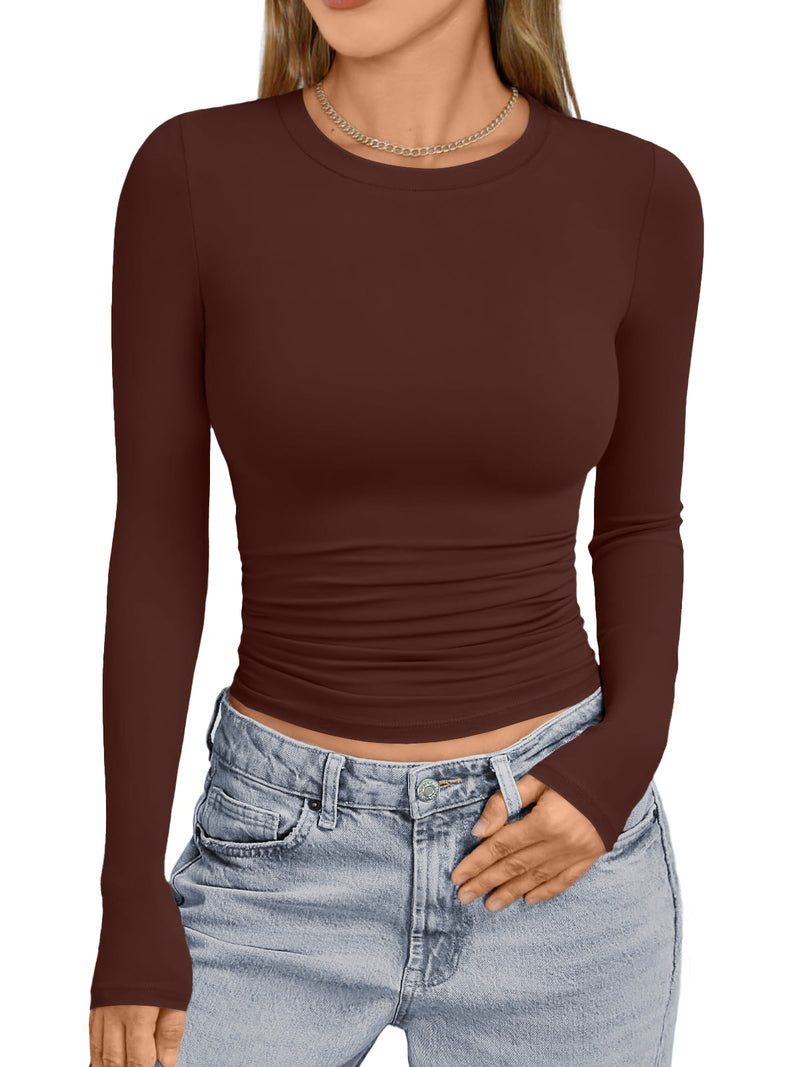 Brown long-sleeve thermal underwear top with crew neck and ruched waist