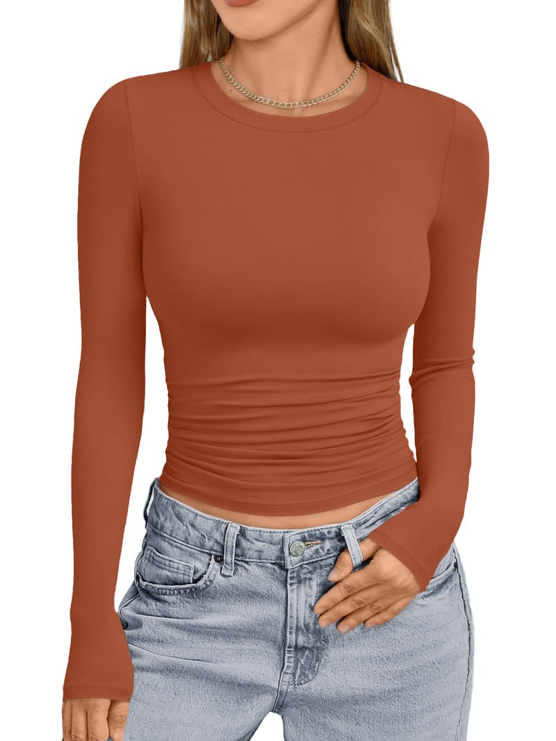 Rust brown long-sleeve thermal underwear top with crew neck, fitted silhouette