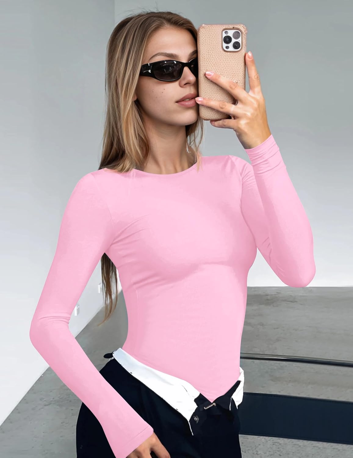 Long sleeve tight fitted top, hot pink crew neck