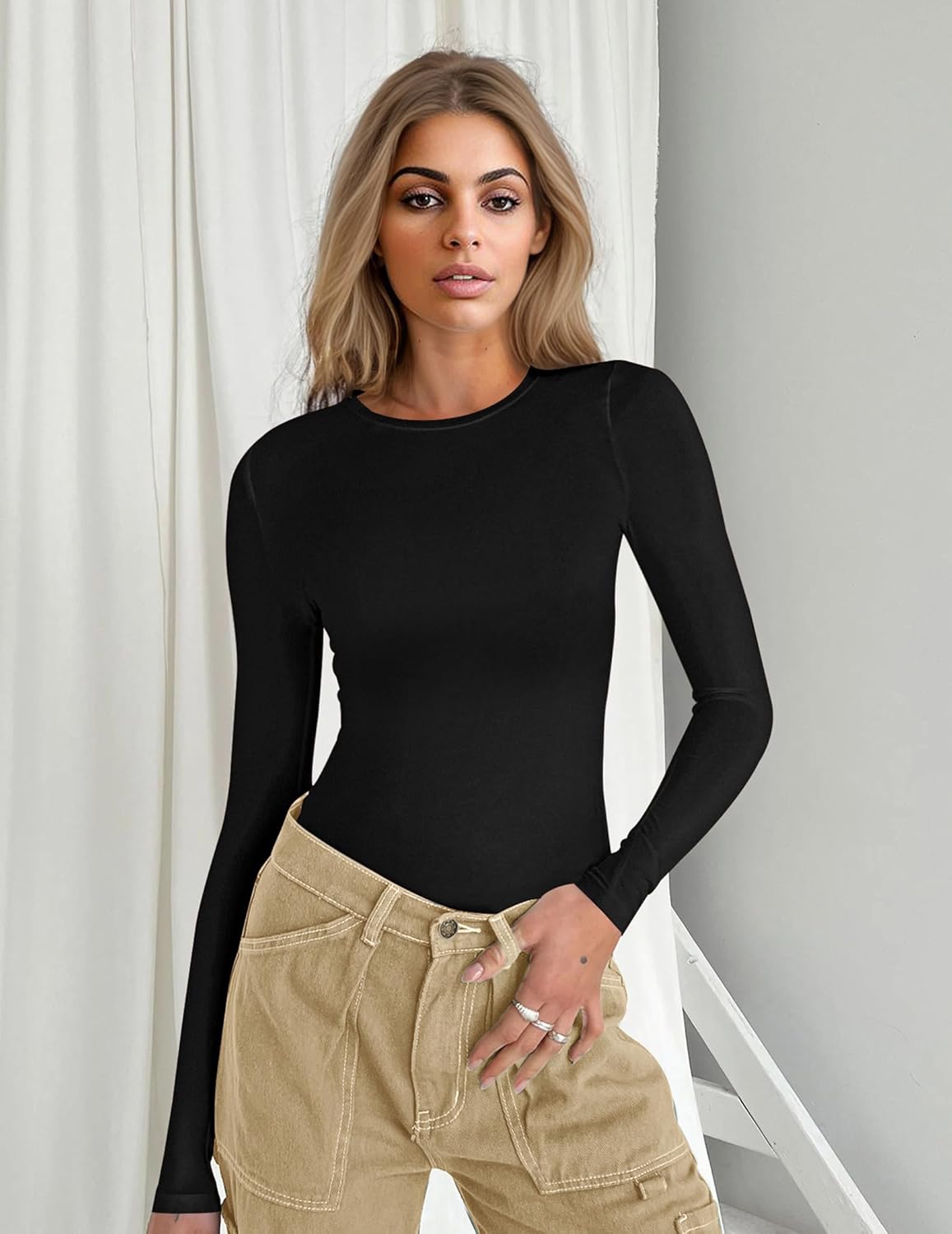 Long sleeve tight fitted top, black crew neck