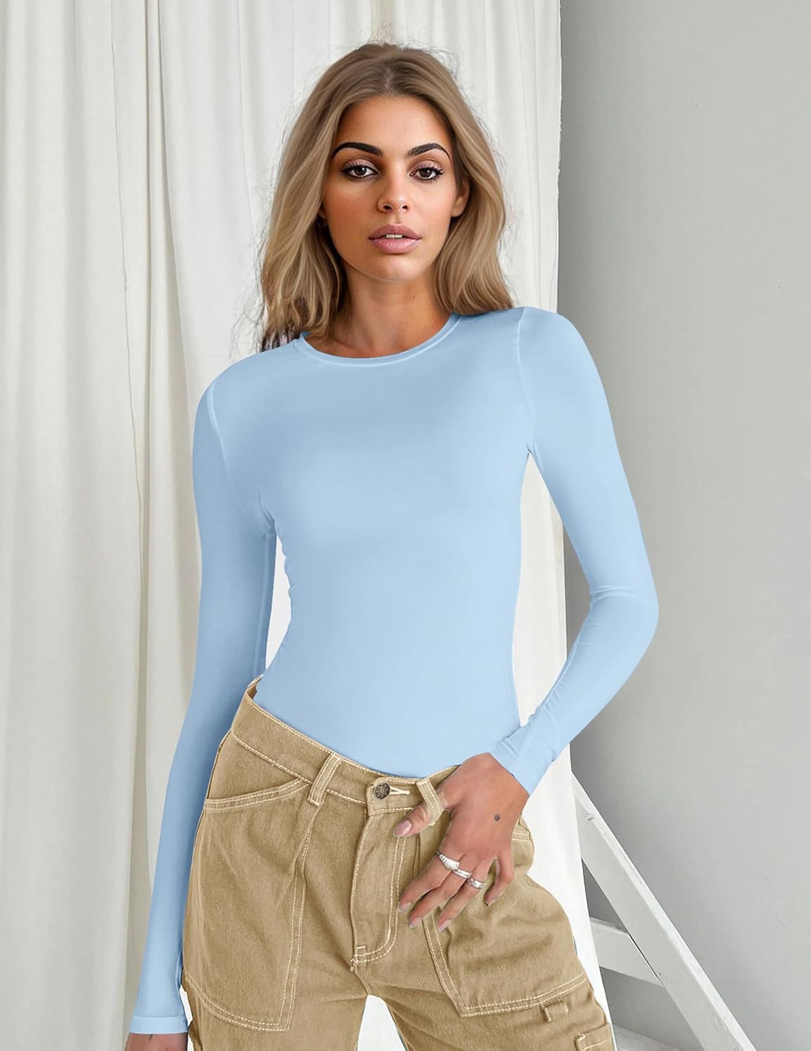 Ekouaer long-sleeve fitted top, light blue, crew neck