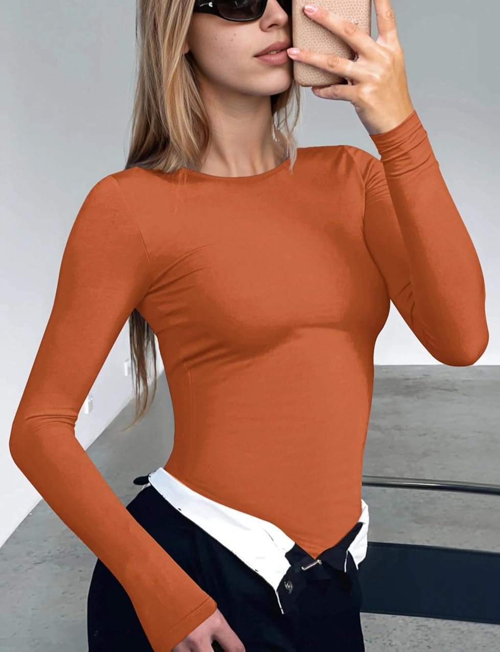 Long sleeve tight fitted top, caramel-brown crew neck