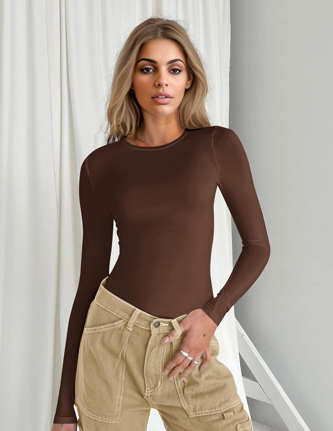 Long-sleeve fitted top in Coffee, crew neck