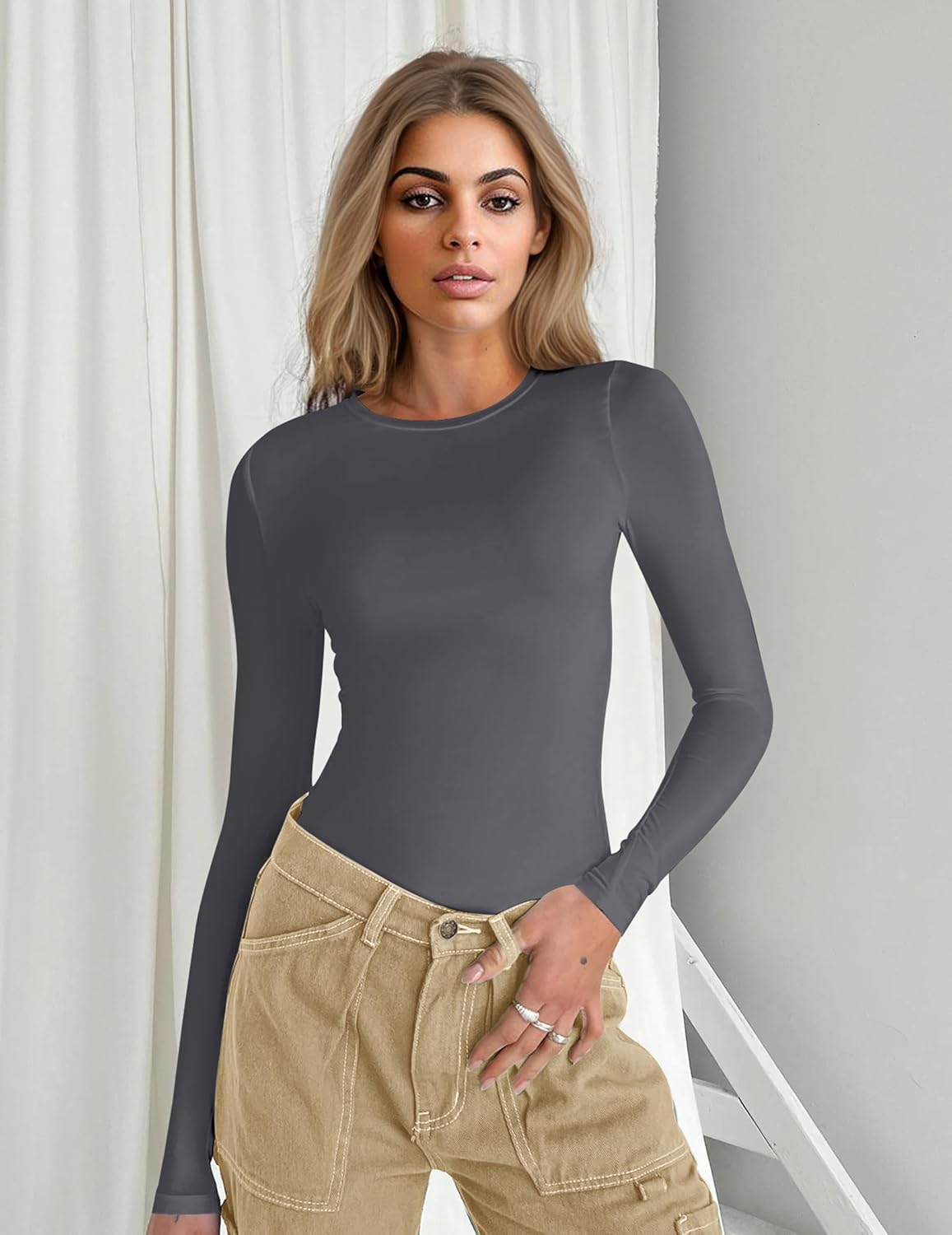 Tight fitted long-sleeve top, Darkgrey crew neck