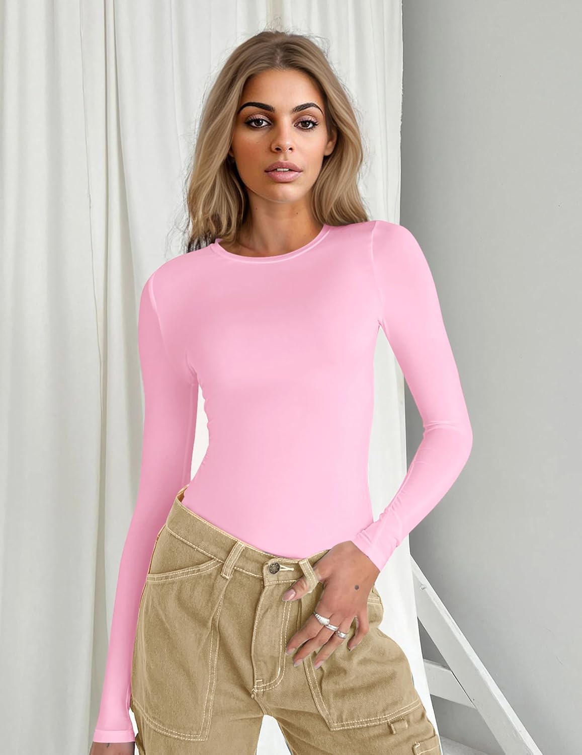Long sleeve fitted top, dusty pink crew neck