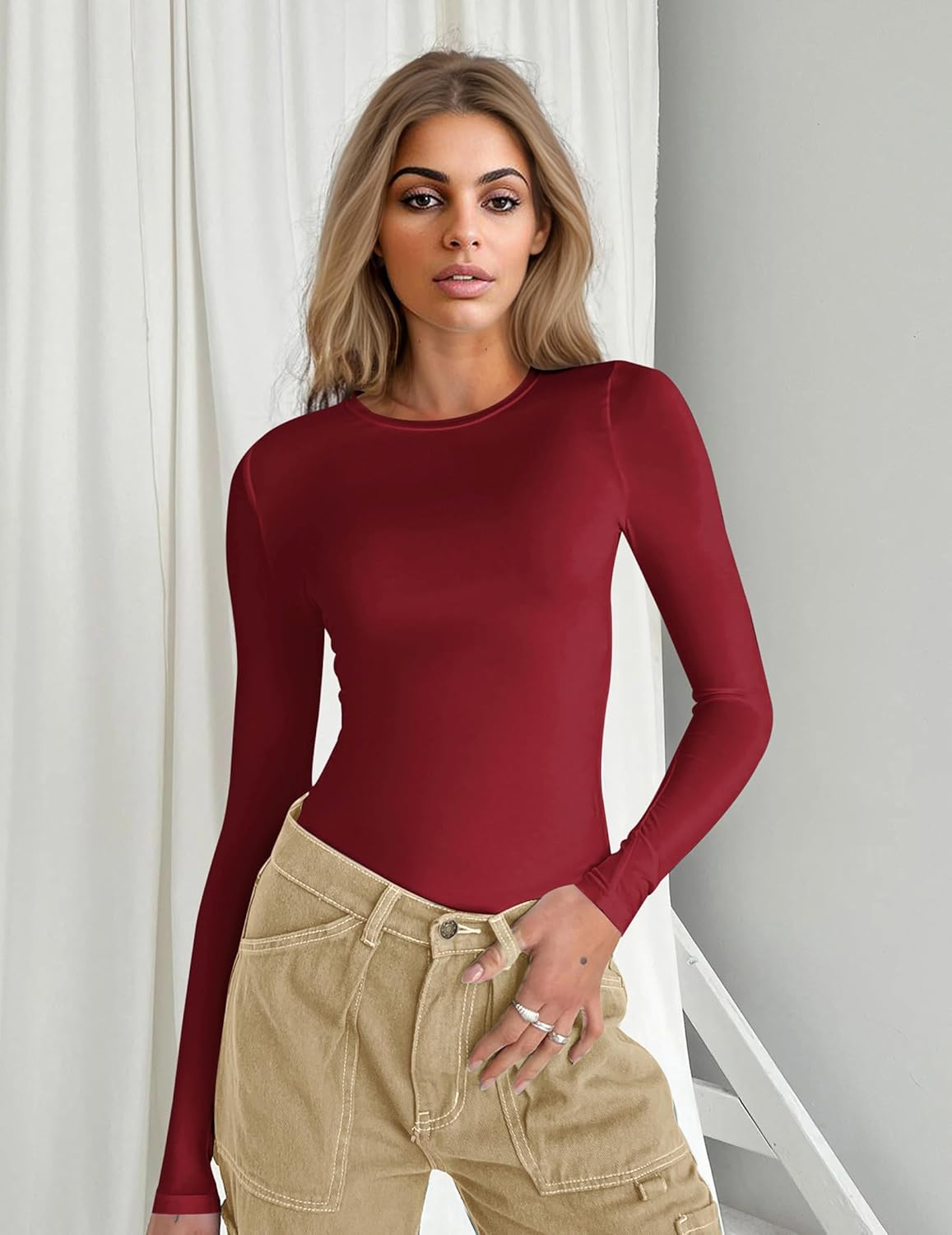 Long-sleeve fitted top in Wine Red, crew neck