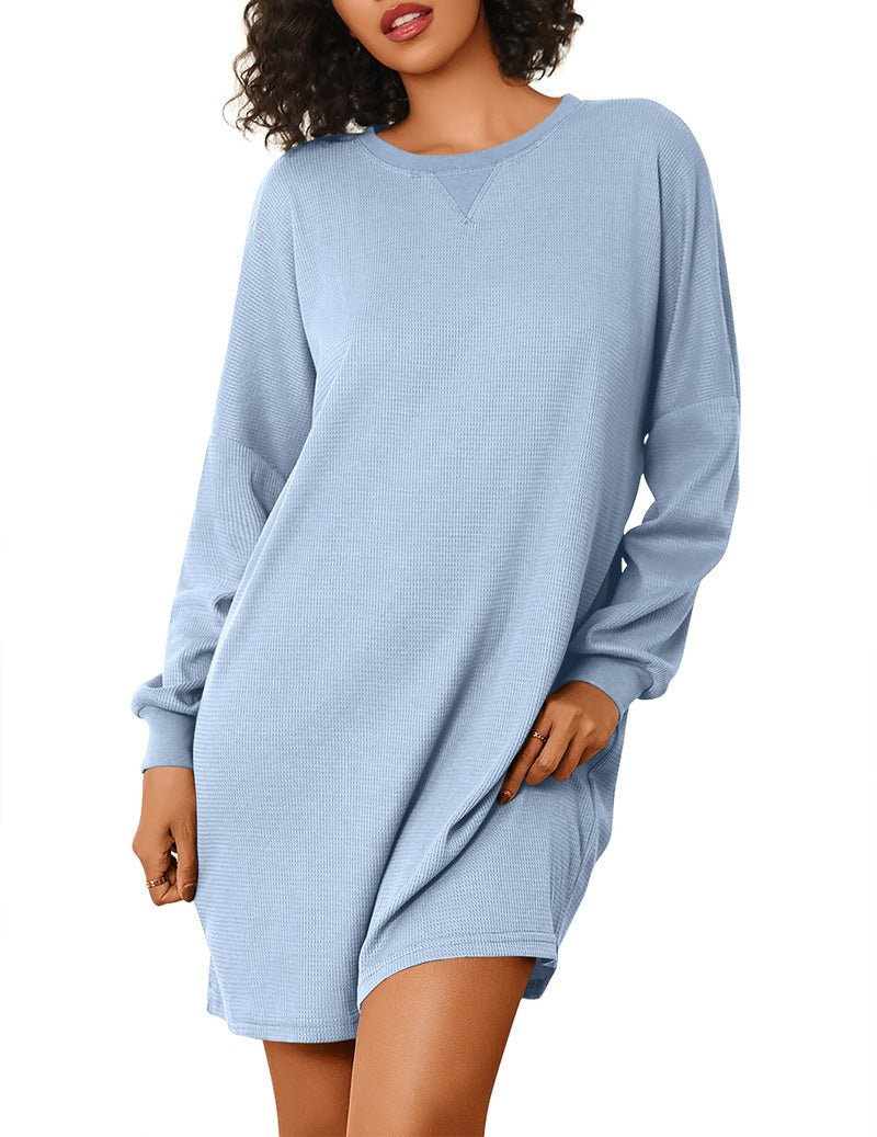 Light blue waffle knit long-sleeve nightshirt, roomy silhouette, crew neck