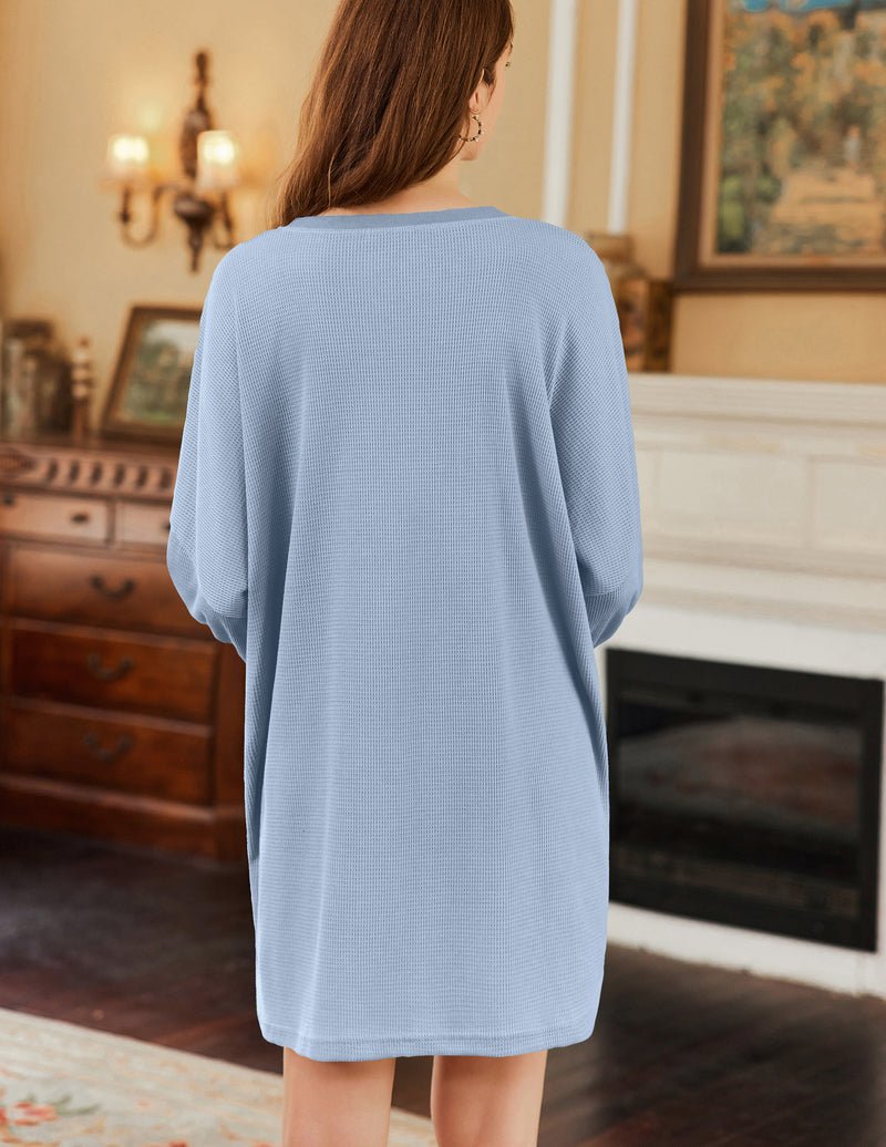Light blue waffle knit nightshirt, back view, long sleeves and straight hem