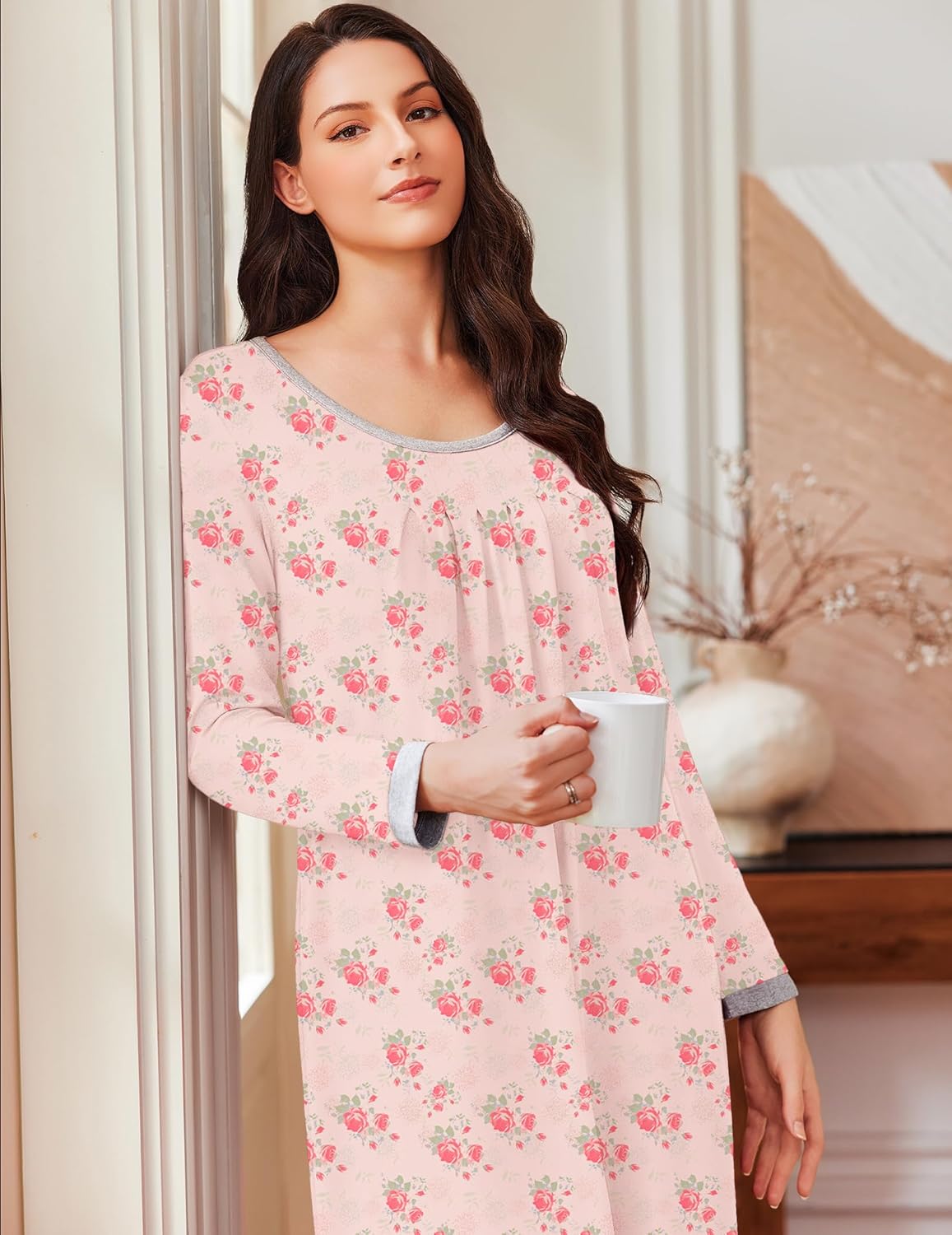 Light pink long-sleeve sleep dress with scoop neck and small rose pattern
