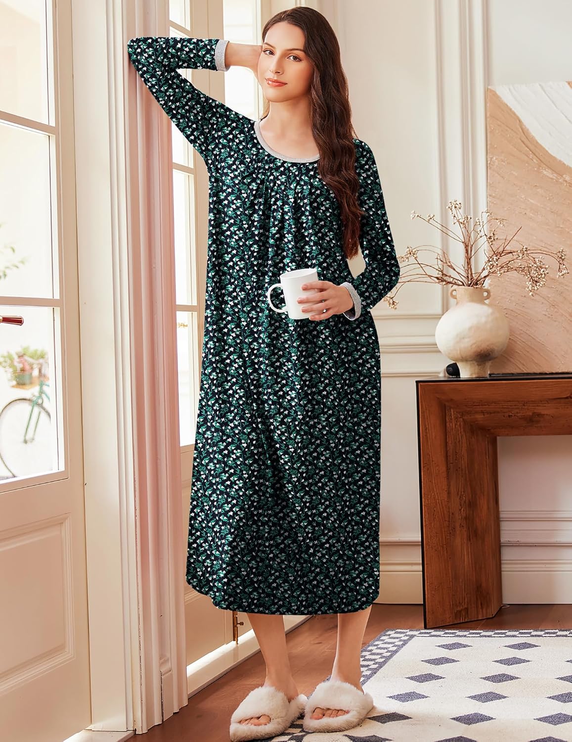 Green long-sleeve sleep dress with scoop neck and small floral allover print