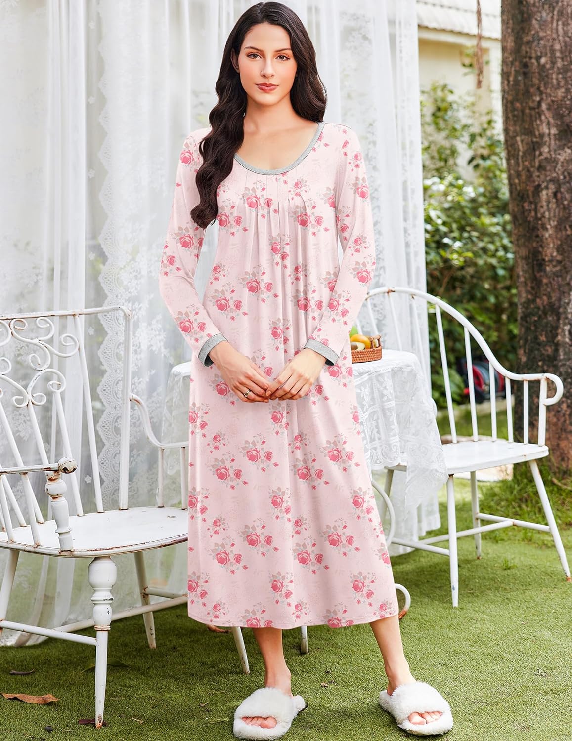 Light pink long-sleeve sleepshirt with scoop neck and pink rose print
