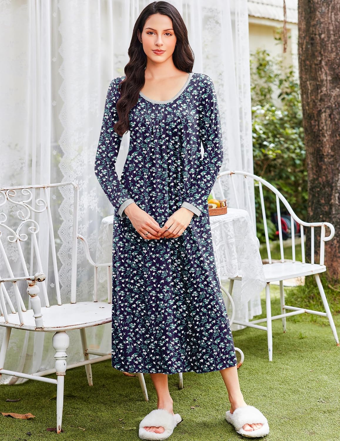 Navy long-sleeve sleepshirt with scoop neck and tiny floral allover print