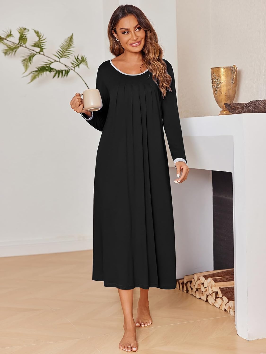 Black long-sleeve sleep dress with contrast-trim crew neck, relaxed fit