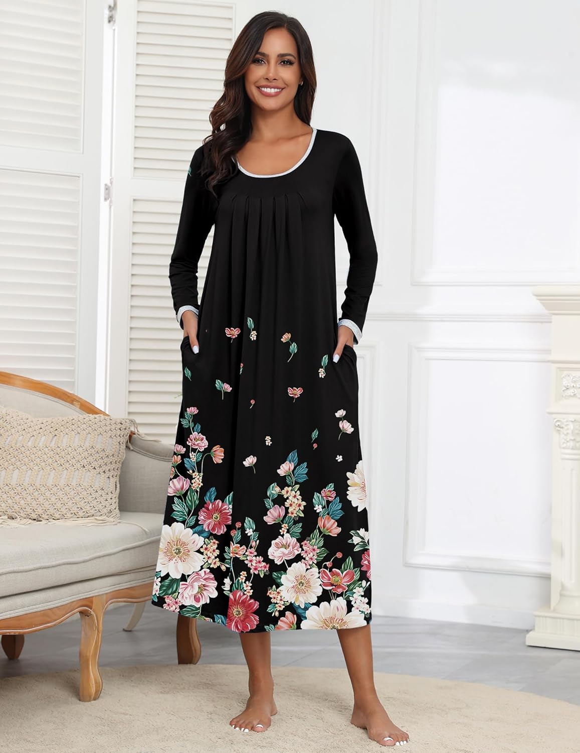Black long-sleeve nightshirt dress with pink and green floral hem and scoop neckline