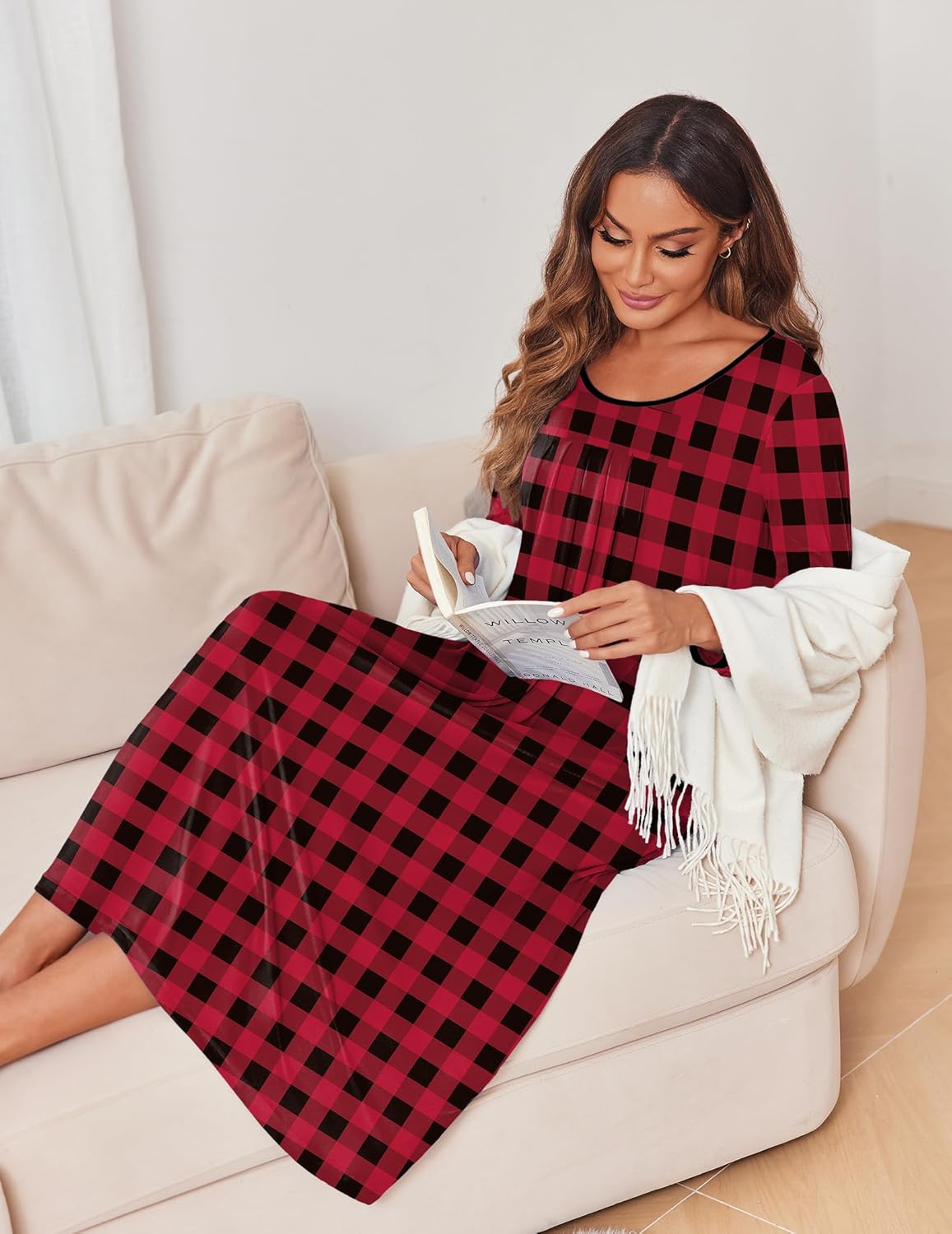 Red and black plaid long-sleeve sleep dress with wide neckline and side split