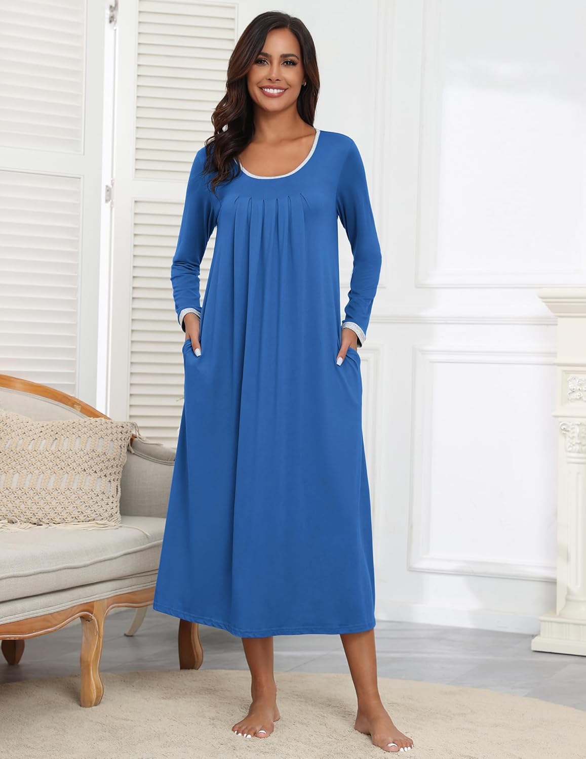 Solid blue long-sleeve nightdress with relaxed A-line shape and scoop neckline