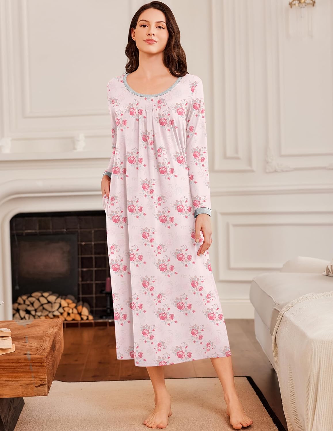 White long-sleeve sleep dress with pink floral print and round neckline, midi length