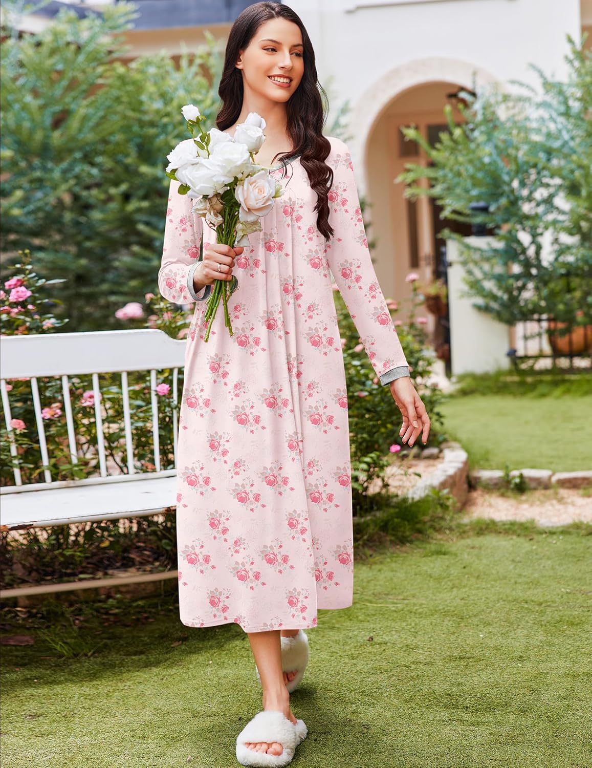 Pink floral long-sleeve night dress, loose fit, round neckline
