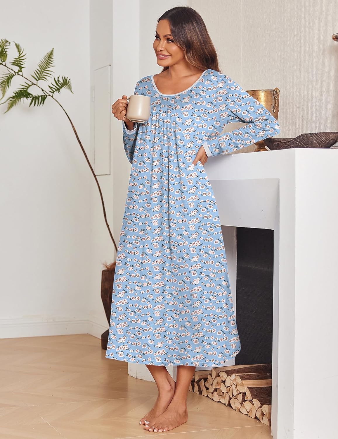 Blue floral long-sleeve sleep dress in midi length with round neckline