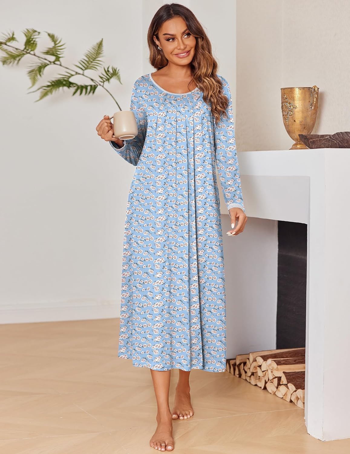 Blue floral long-sleeve nightdress, relaxed fit, midi length with round neckline