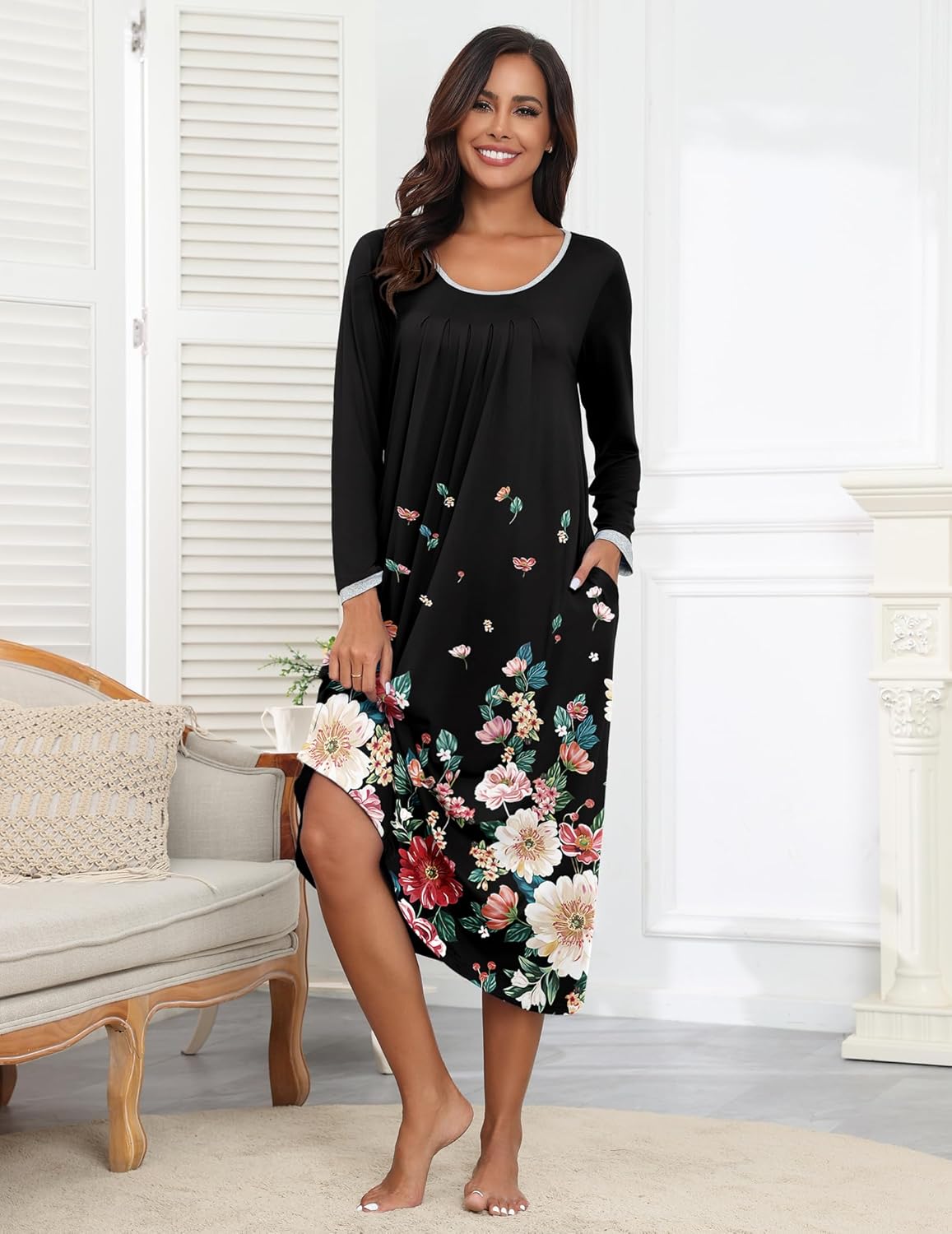 Black long-sleeve sleep dress with colorful flower print and scoop neckline, midi length