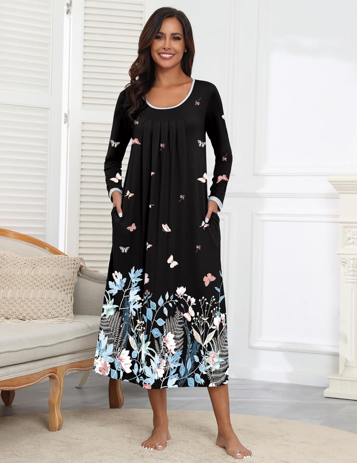 Black long-sleeve sleepshirt with scoop neck and butterfly floral print