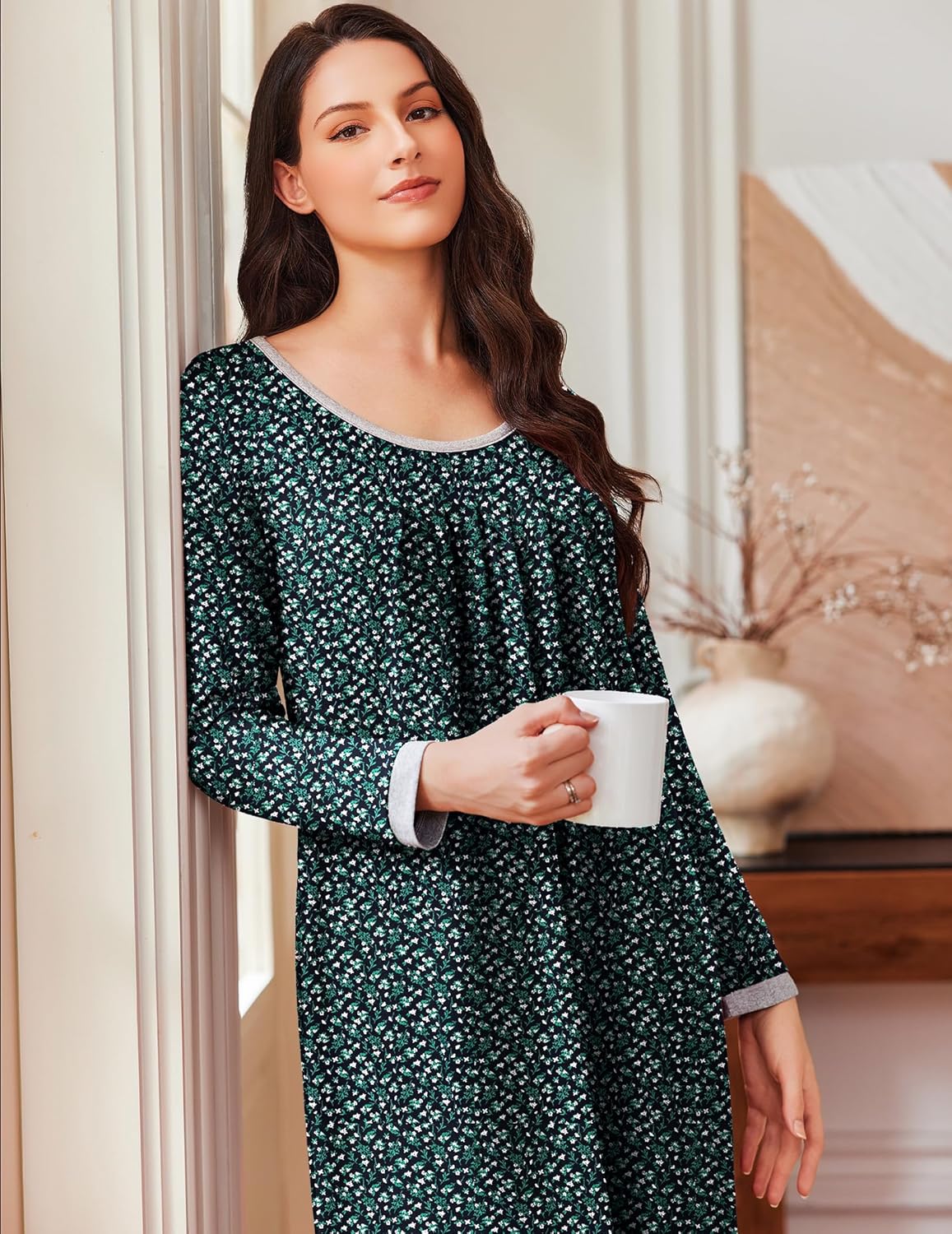 Green long-sleeve sleepshirt with scoop neck and tiny floral speckle print