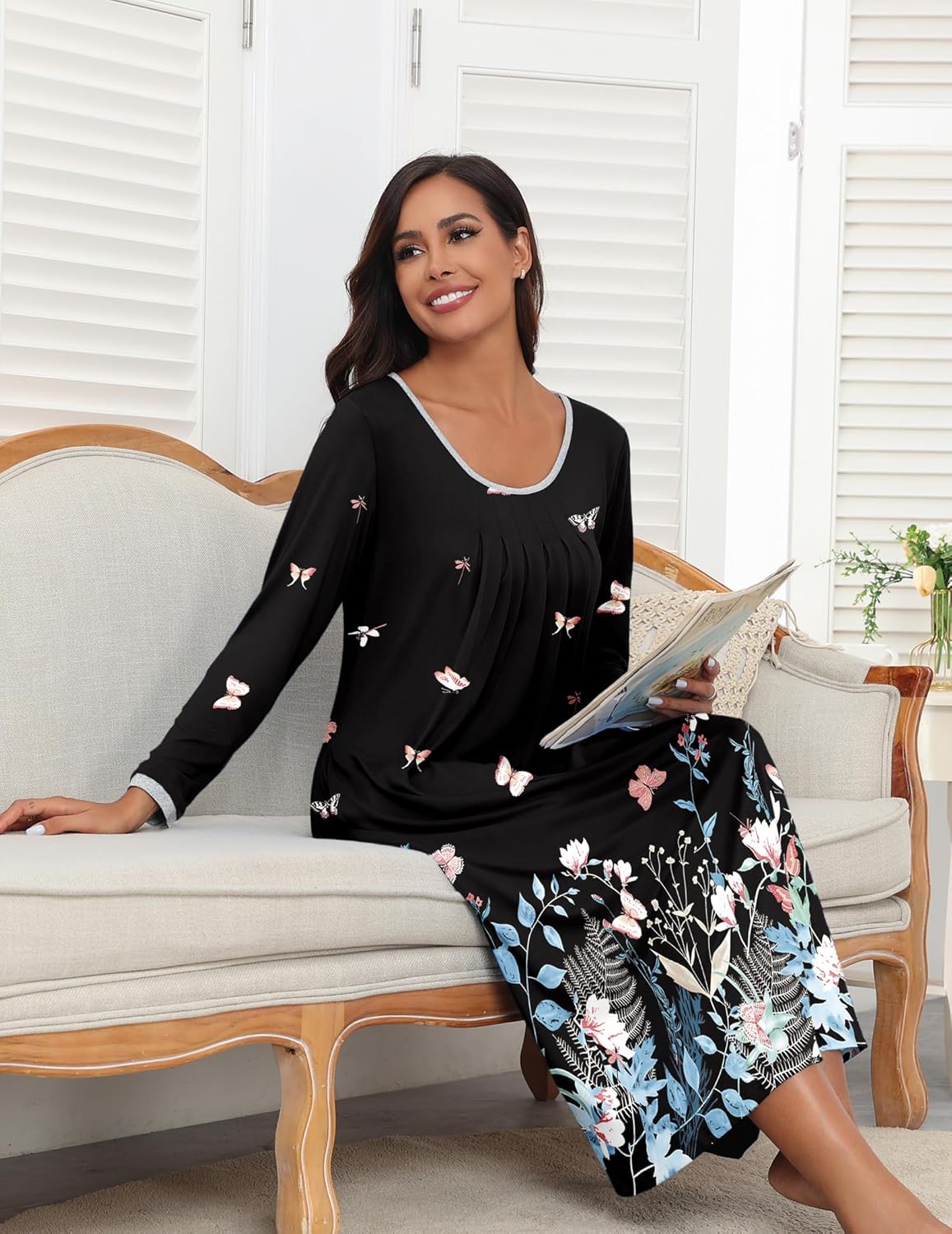 Black long-sleeve sleepshirt with contrast-trim scoop neck and floral print