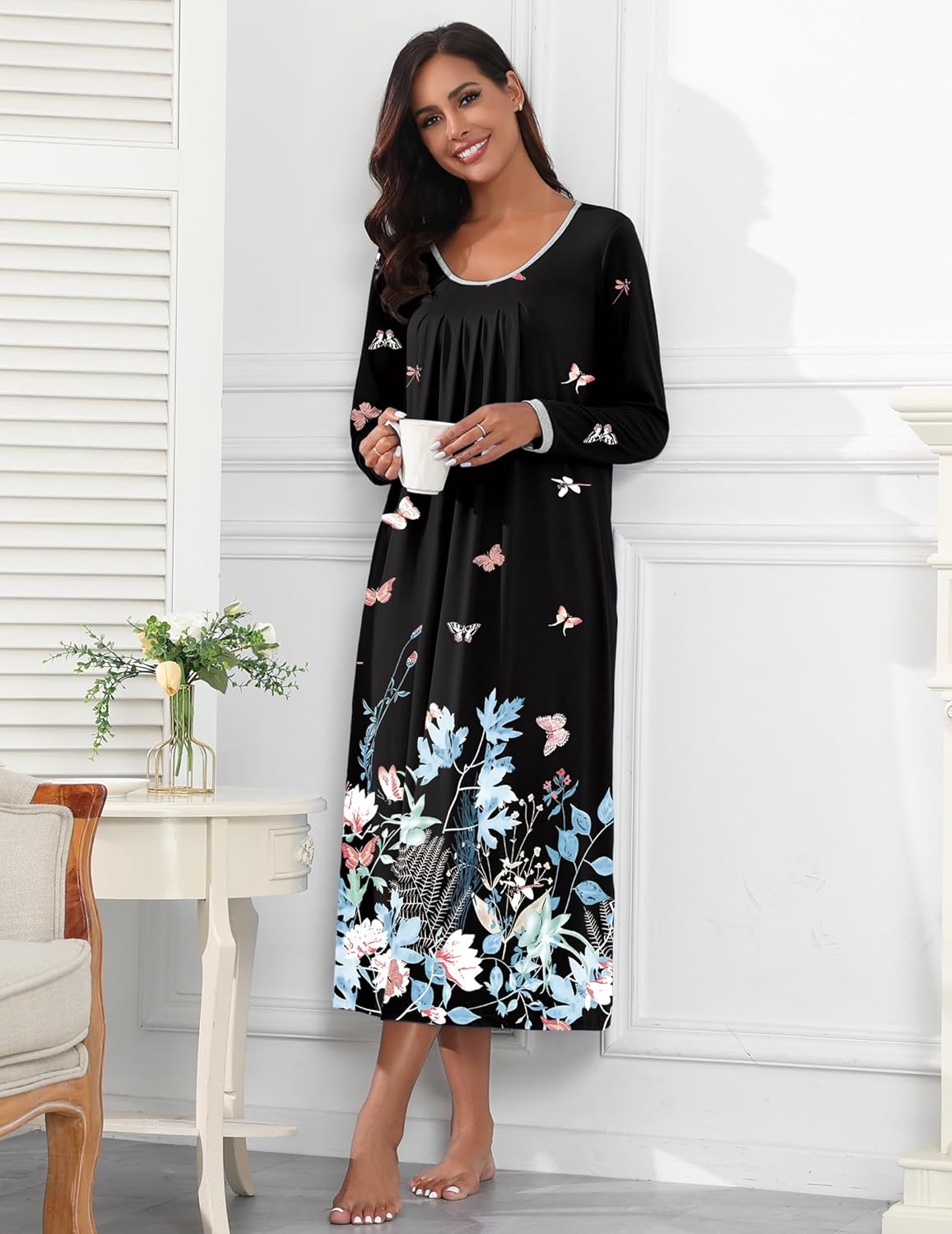 Black long-sleeve sleep dress with scoop neck and blue-pink floral print