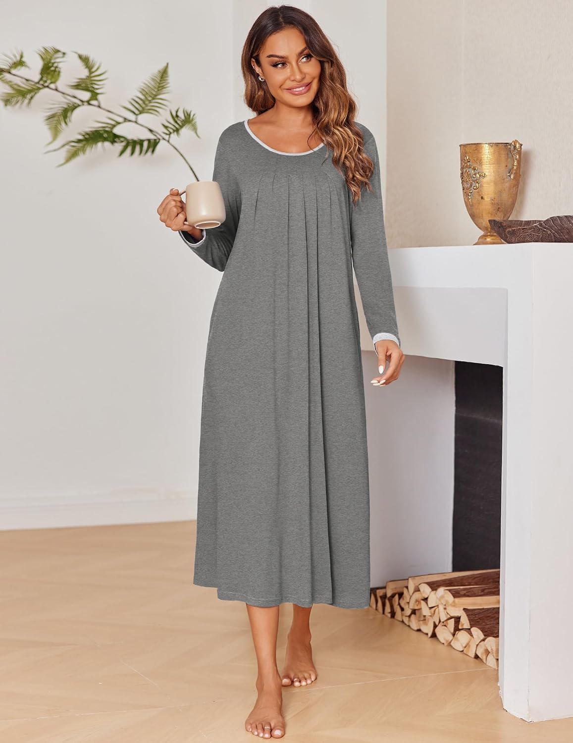 Grey long-sleeve sleep dress, loose A-line shape with contrast neckline trim