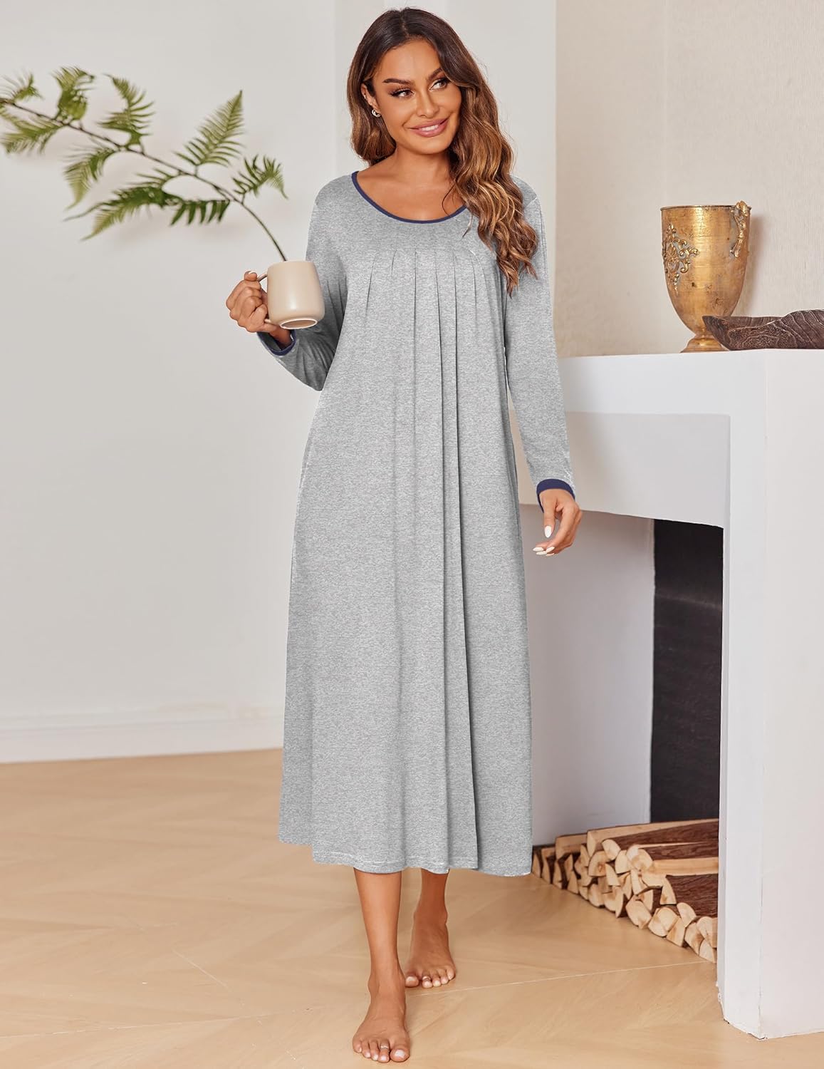 Long-sleeve sleep shirt dress in heather grey, relaxed loose fit