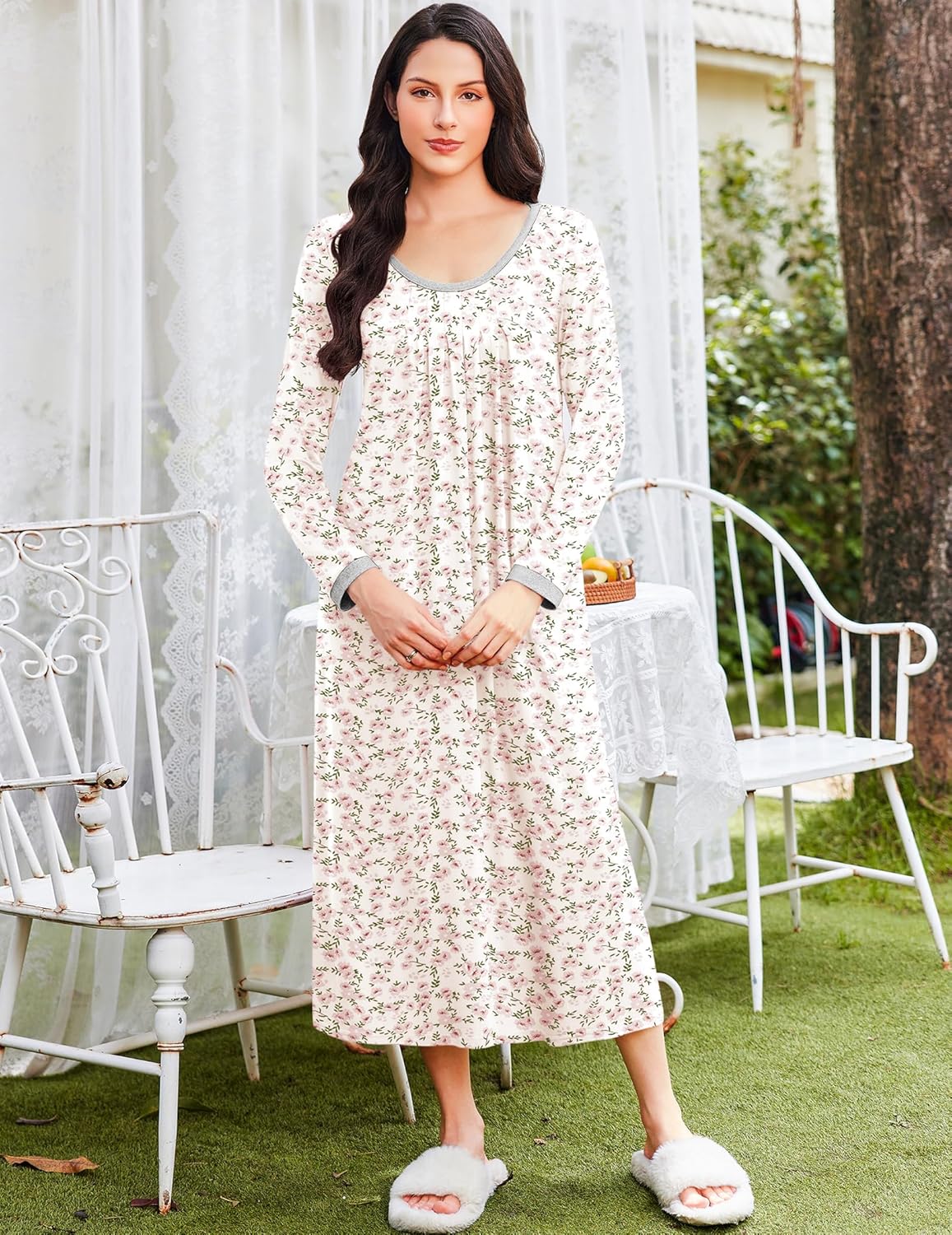 White floral long-sleeve sleepshirt dress with long skirt and contrast cuff trim