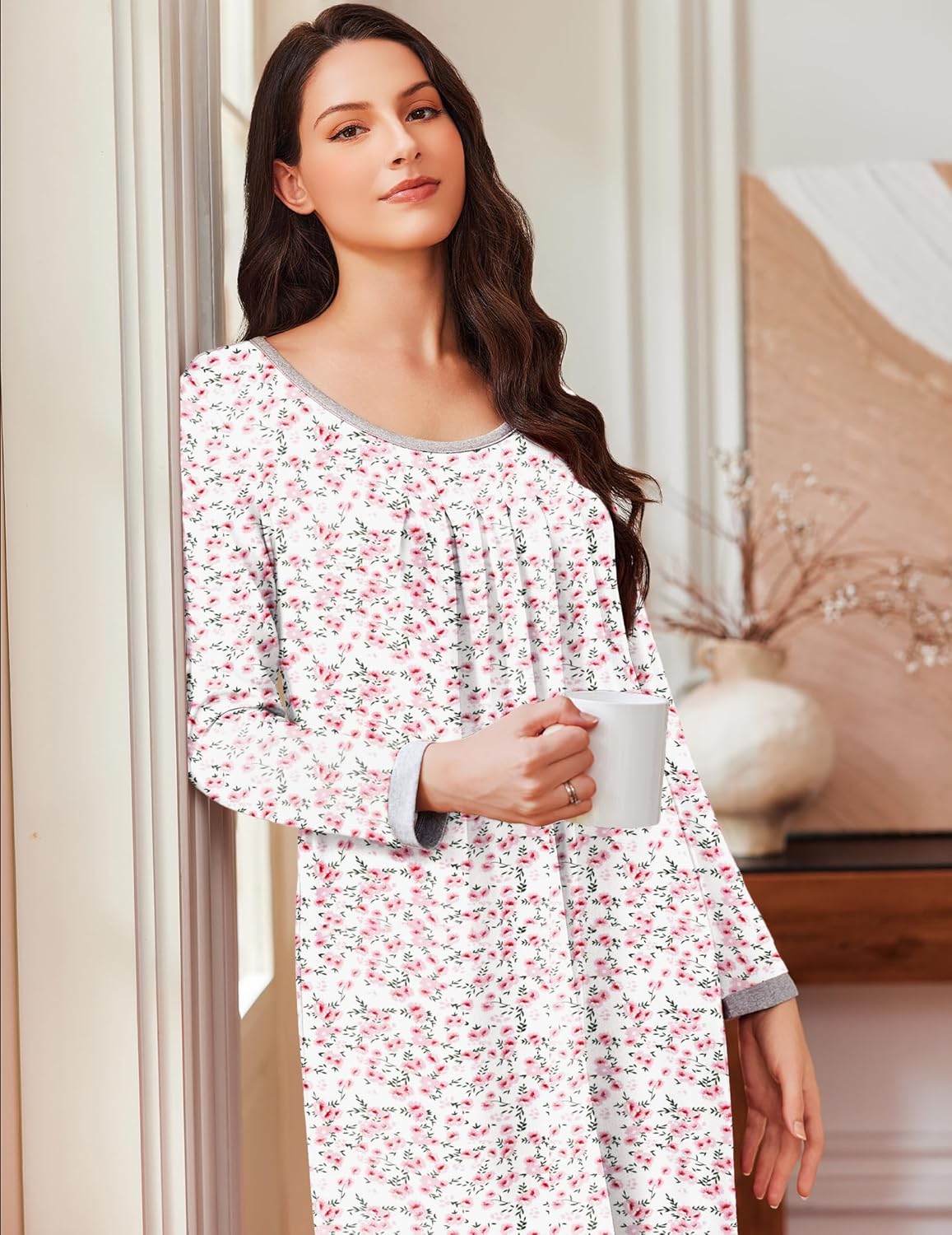 White floral long-sleeve sleep dress with gathered bodice and round neck