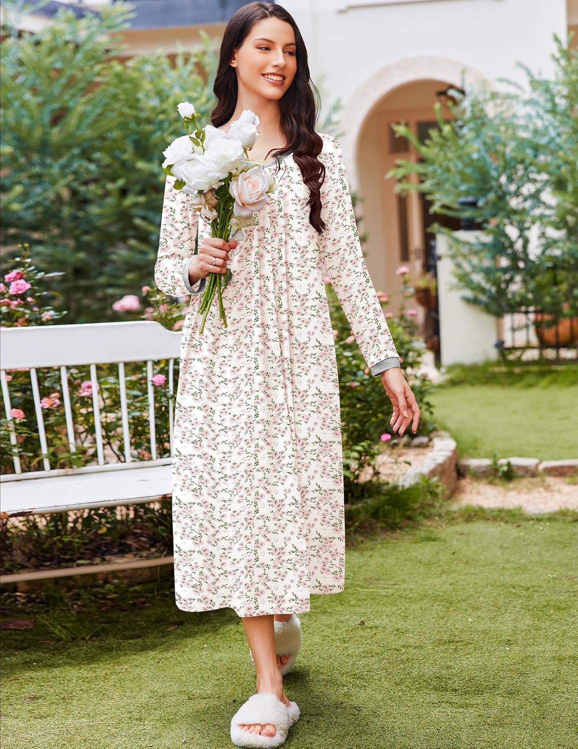 White floral long-sleeve sleep dress with gathered neckline, midi length
