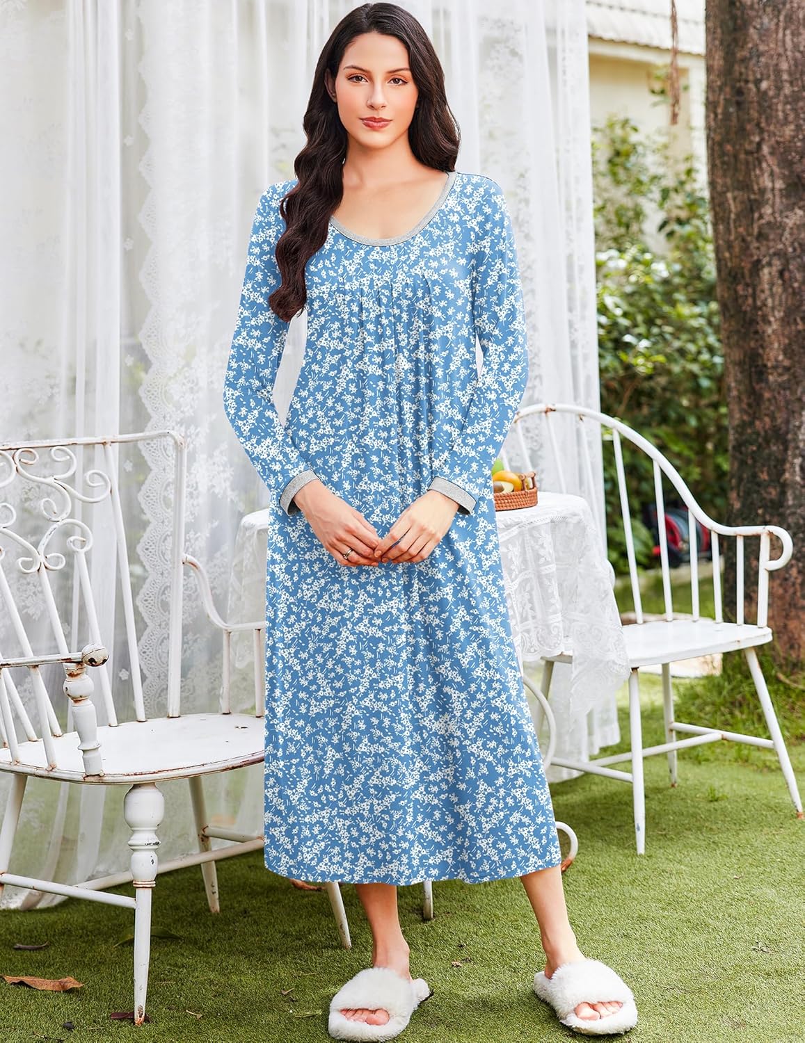 Light blue floral long-sleeve sleep dress with round neckline and gathered waist