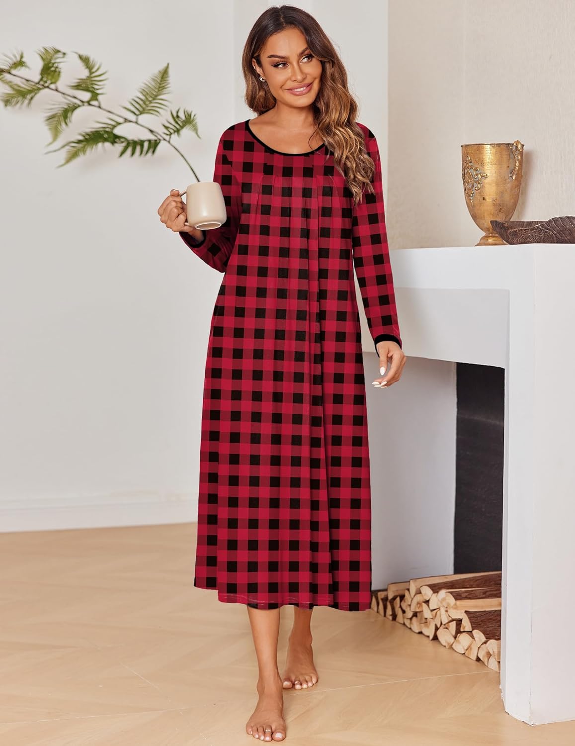 Red-black plaid long-sleeve sleep dress with scoop neckline and straight hem