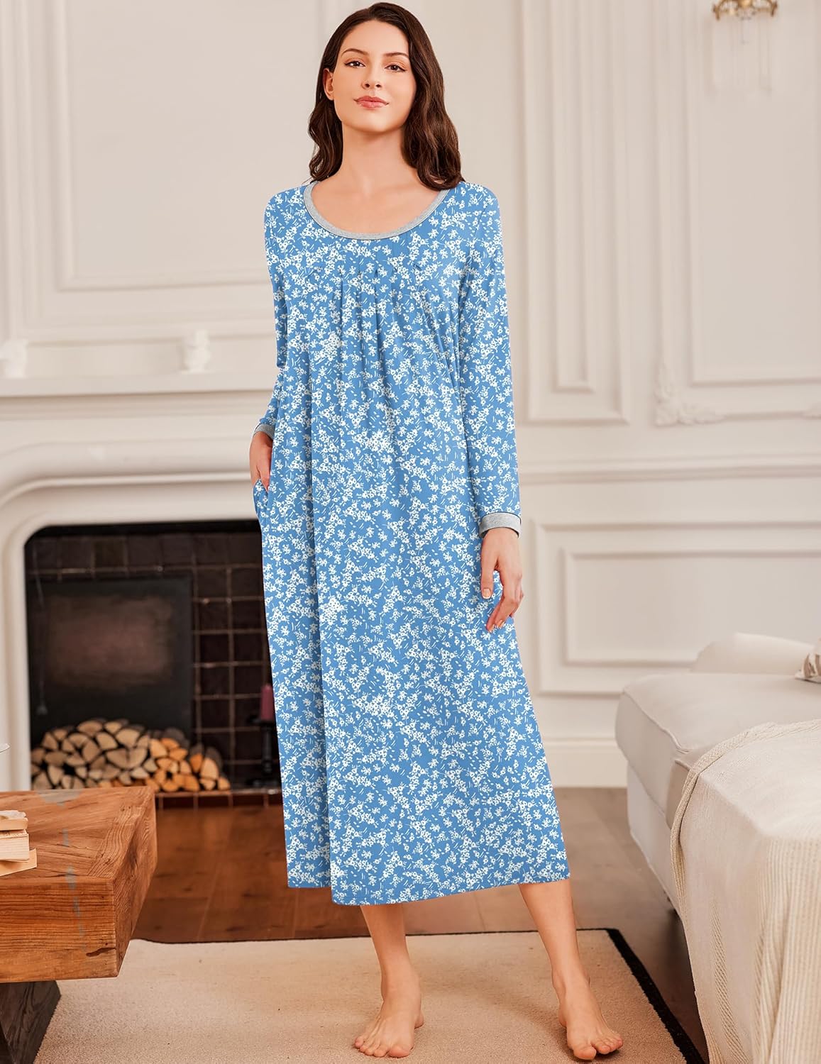 Blue floral long-sleeve nightdress with round neckline and draped bodice