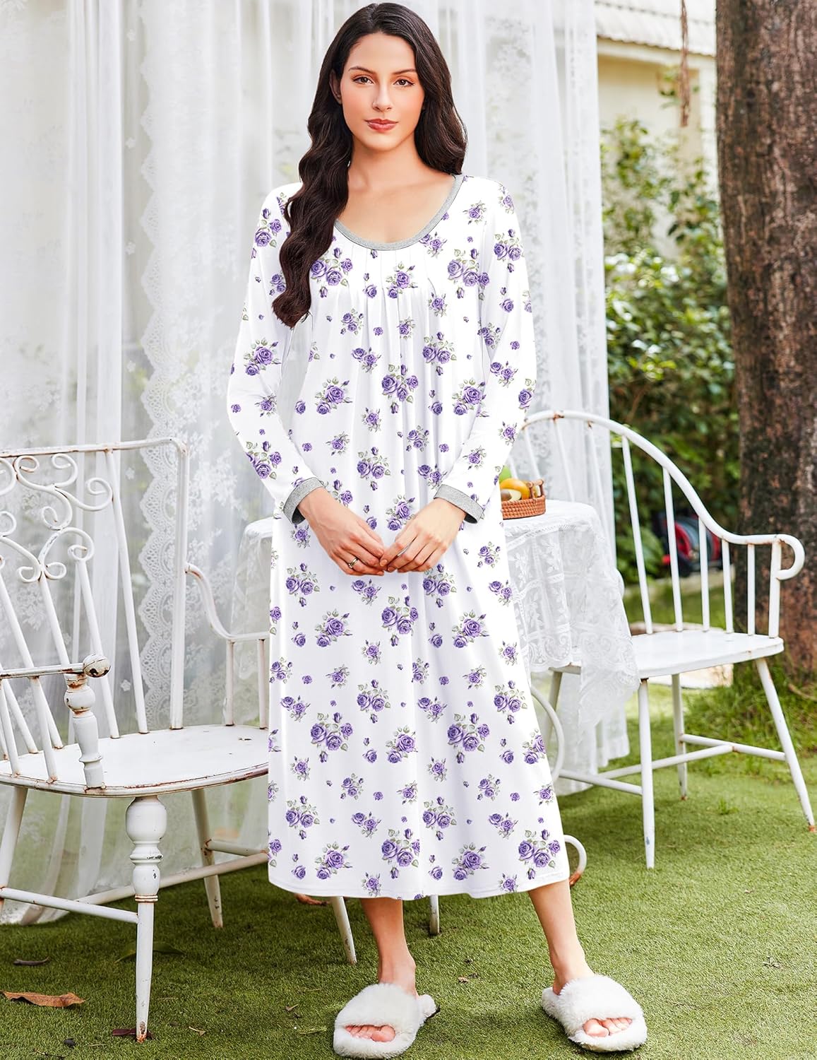 White long-sleeve nightdress with purple floral print, loose fit and round neckline