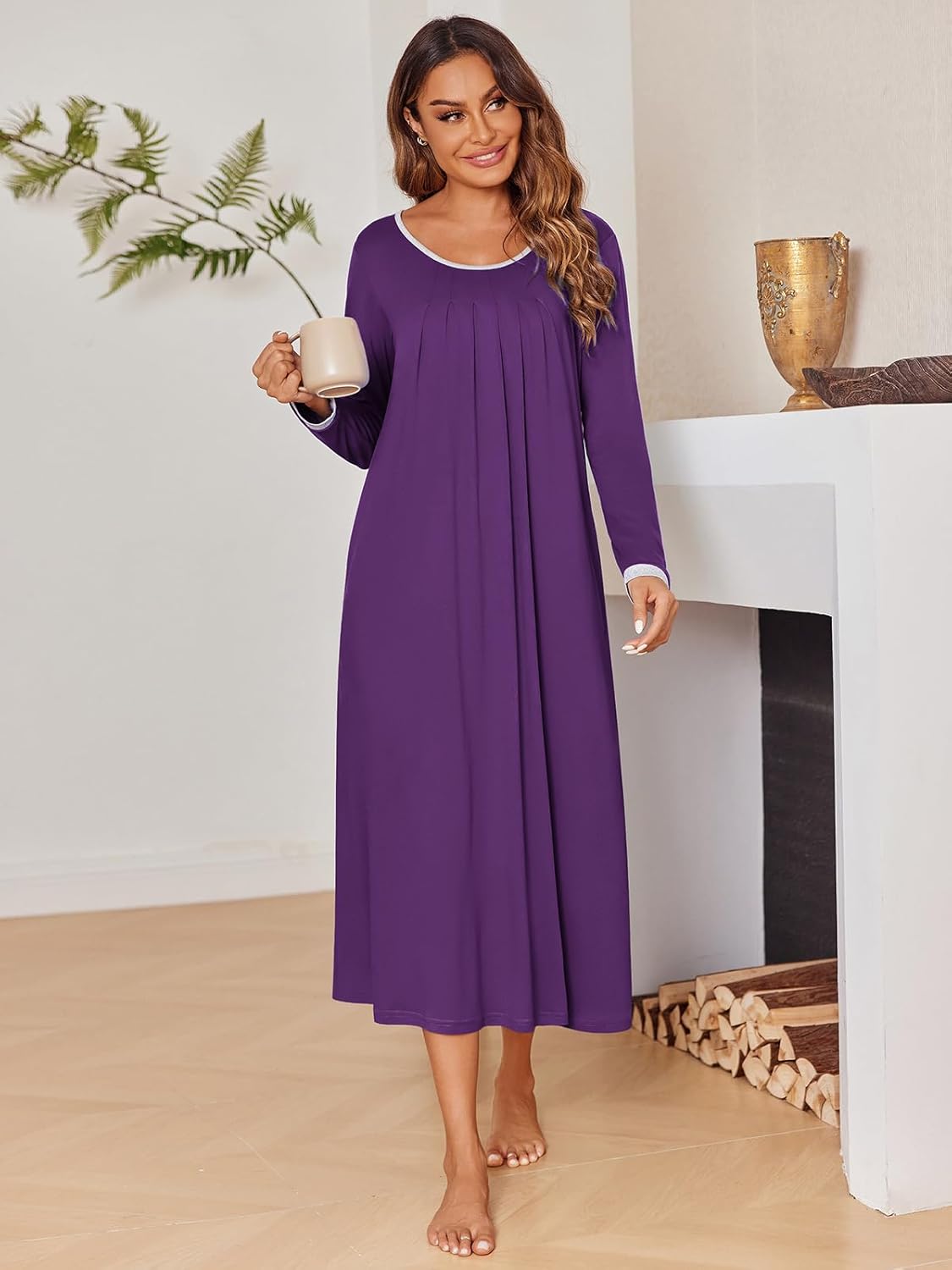 Longsleeve Sleepshirt lila, knielang, lockeres Kleid mit Rundhals und Faltendetails