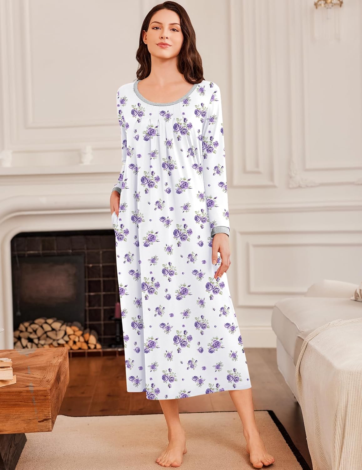 Sleepshirt langarm, weiß mit lila Blumenmuster, lockeres Nachthemd mit Rundhals