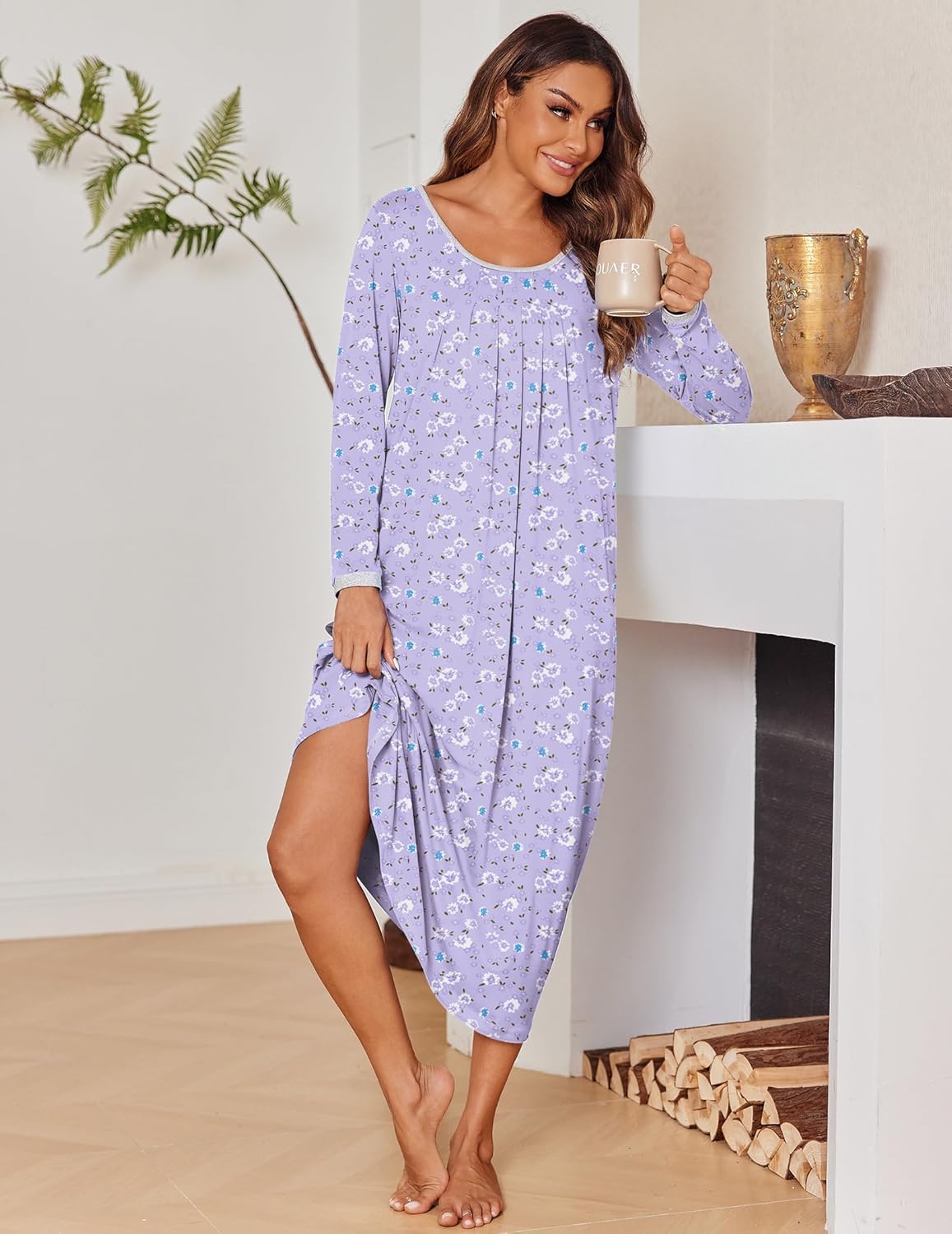 Lavender long-sleeve night dress with small floral print, loose fit