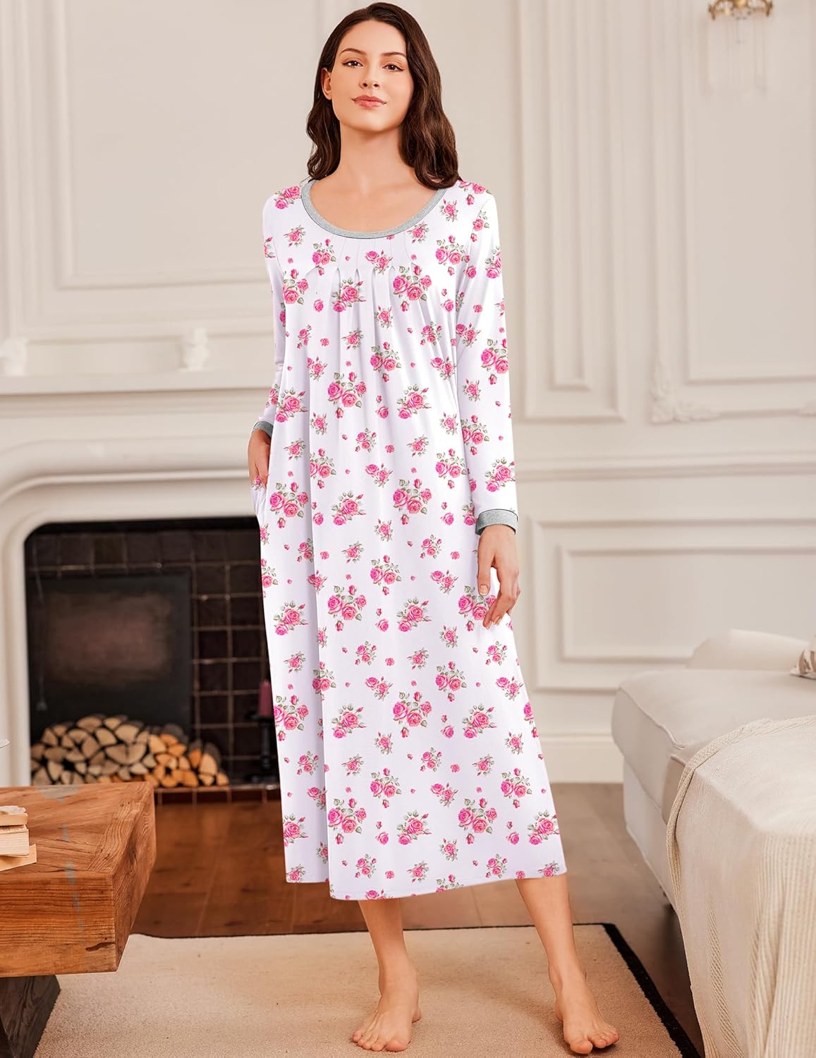 White long-sleeve night dress with pink floral print, crew neckline