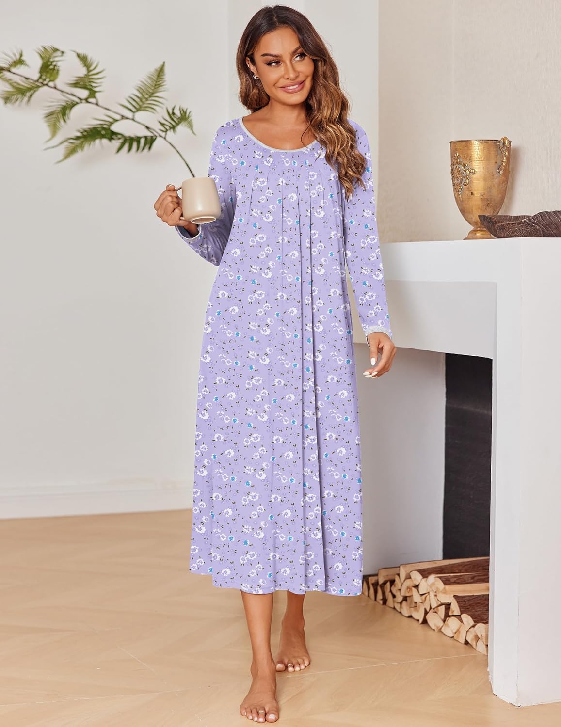 Lavender floral long-sleeve sleepshirt dress, relaxed drape, round neck