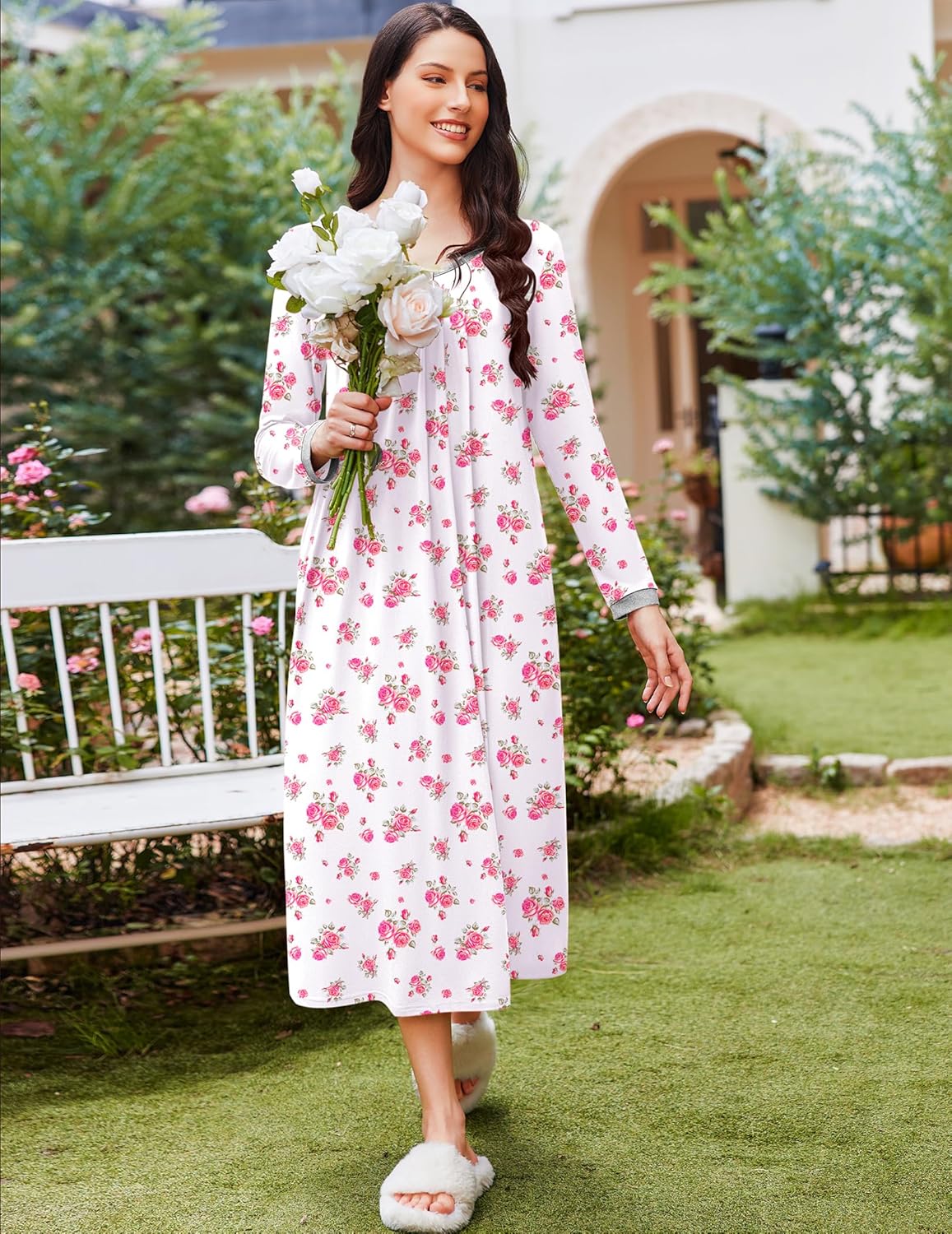 Pink floral long-sleeve sleep dress, loose fit, round neckline